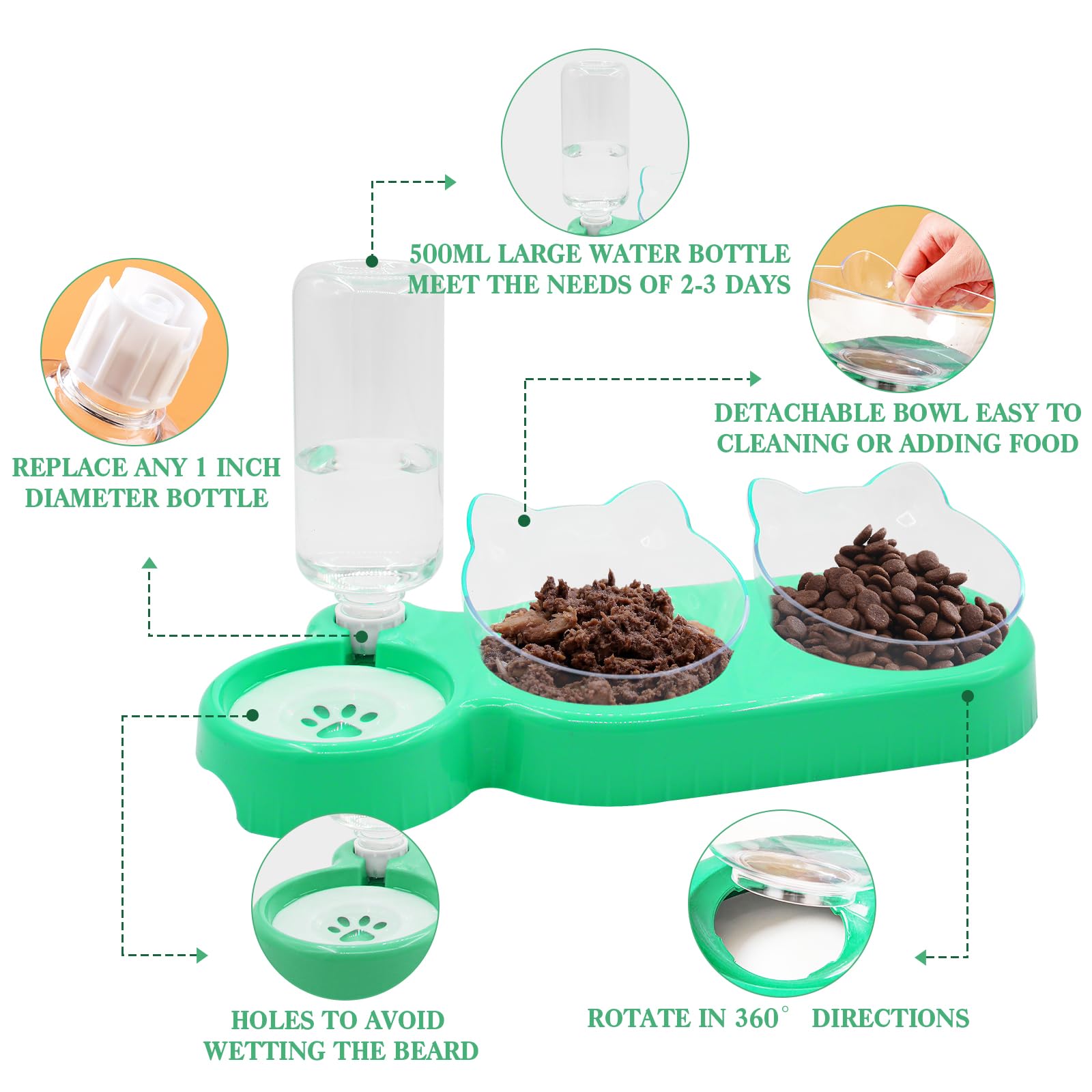 Triple Cat Bowls - 15 Tilt 3-In-1 Water Feeder Bowls With Automatic Water Bottle, Whisker Friendly Elevated Feeding Dishes For S