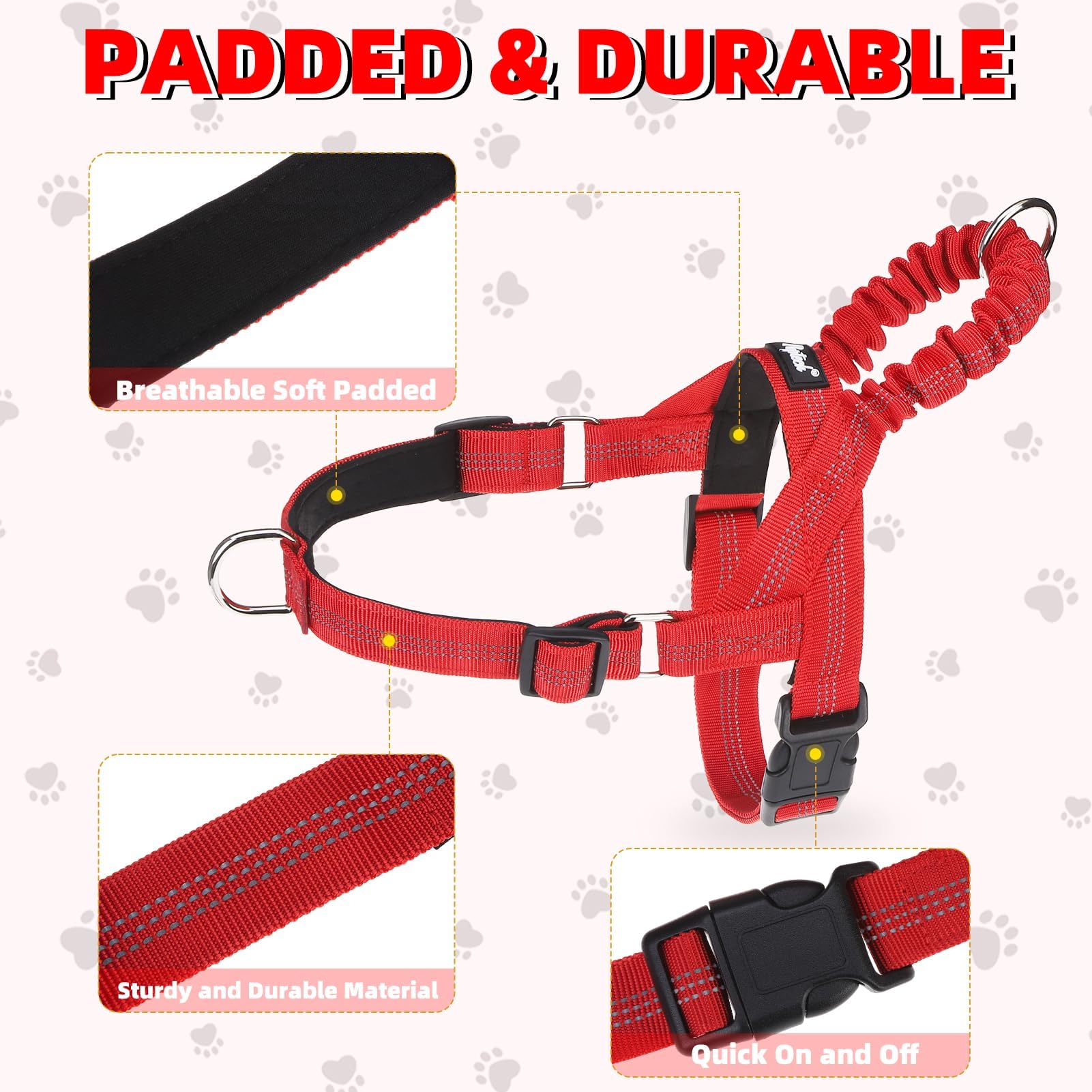 Pupteck No Pull Dog Harness Medium Sized Dog, Adjustable Reflective Pet Vest Harness With Bungee Handle, Escape Proof No Choke H