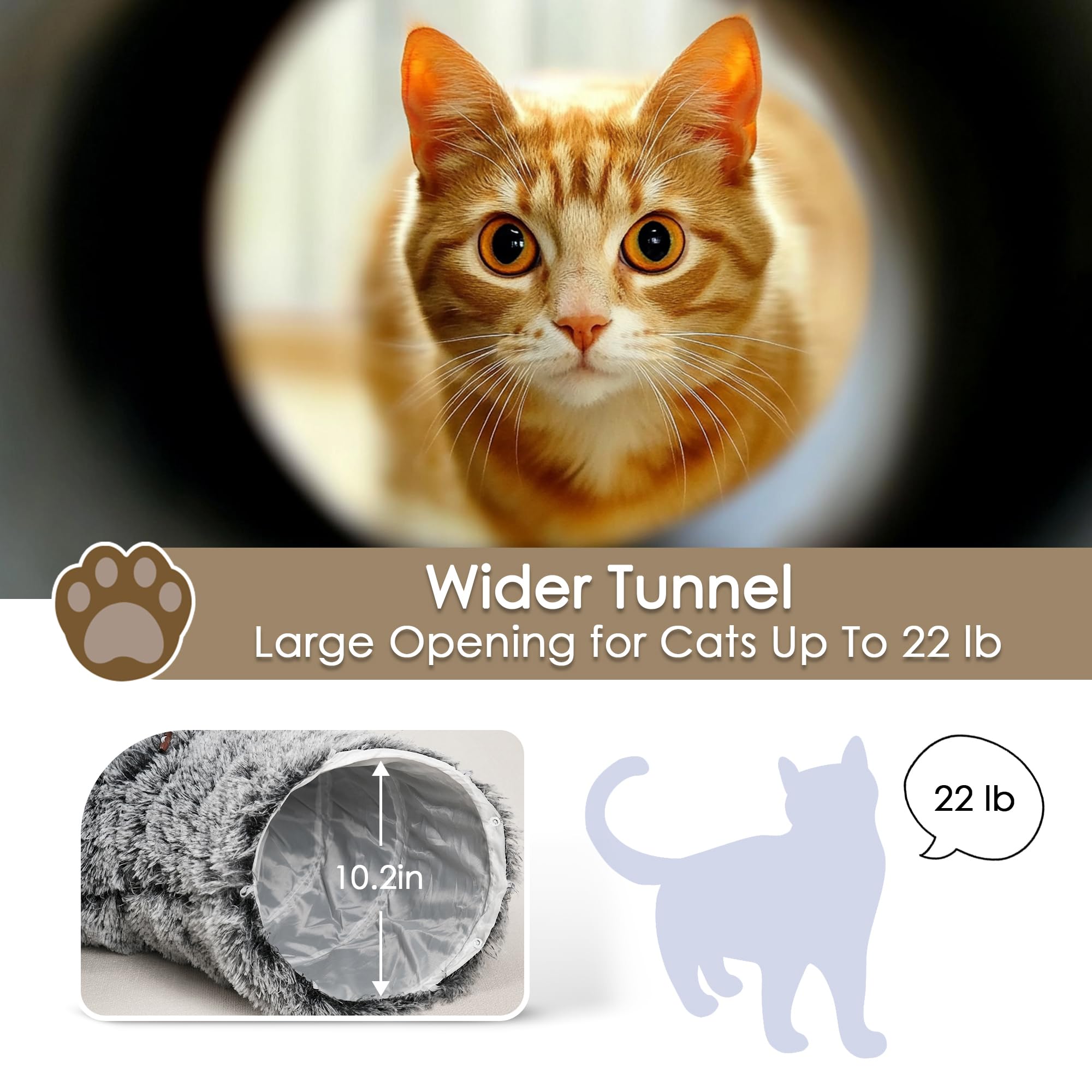 Cat Tunnel Bed for Indoor Cats, Peekaboo Cat Cave with Washable Soft Play Mat, Furry Cat Tube, for Kitten/Puppy/Rabbit, Black