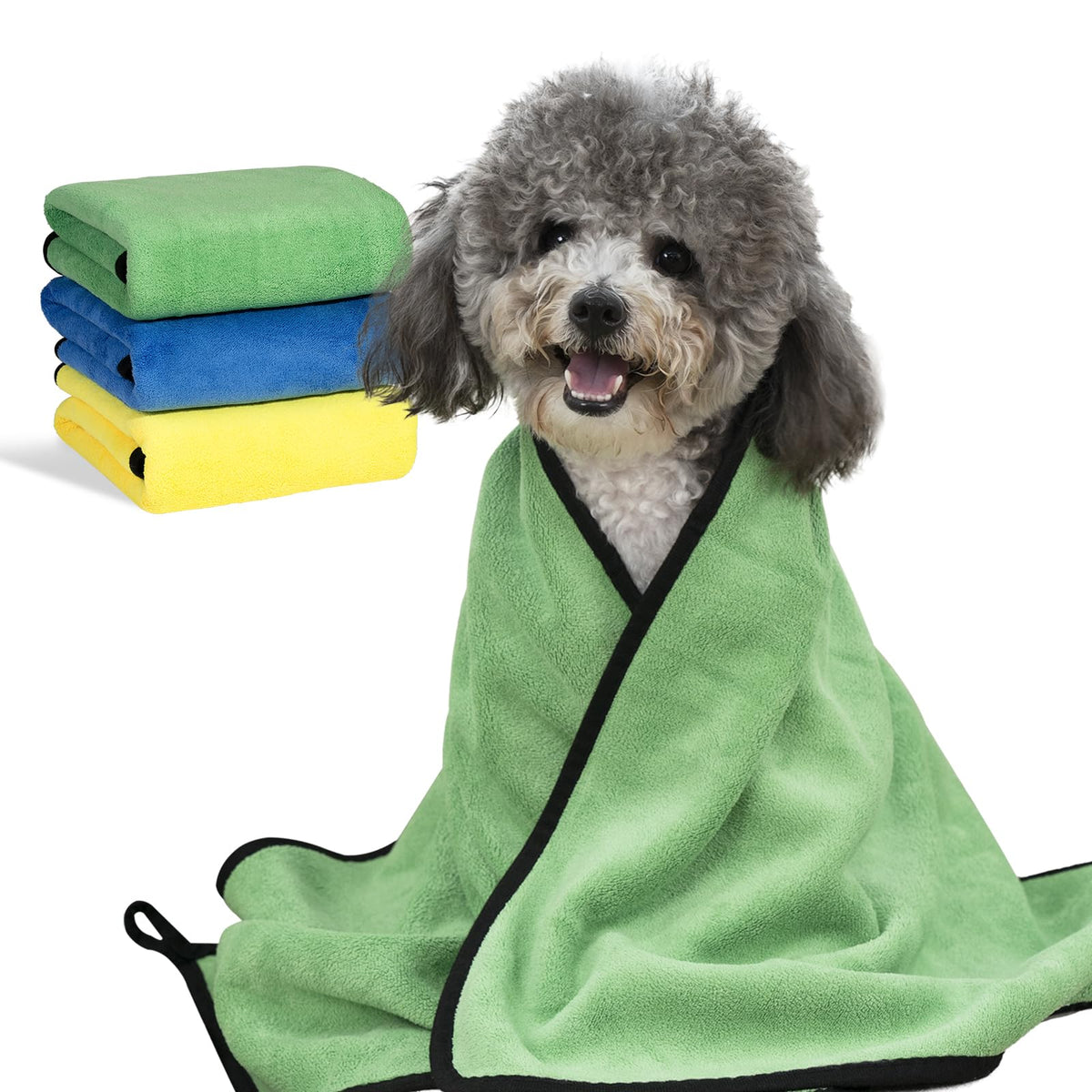 Micooyo 3Pcs Dog Towels For Drying, Super Absorbent Pet Grooming Towels, Quick Drying Dog Bath Towels For Puppy Cats (Green, Blu