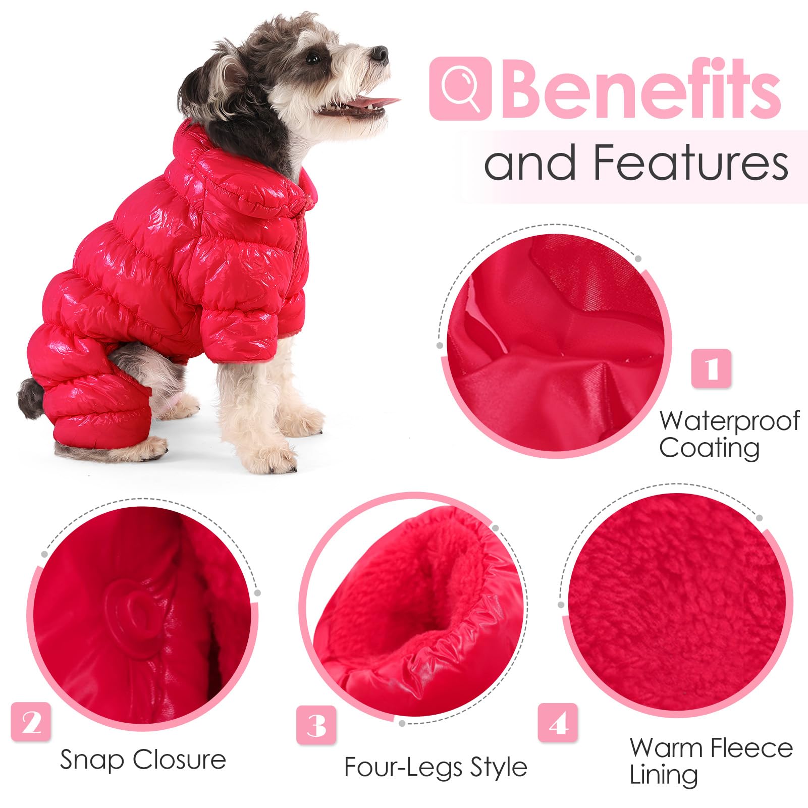AOFITEE Dog Coat - Waterproof & Windproof Puppy Jacket for Winter, Fullbody Snowsuit, Fleece Vest, Red, M