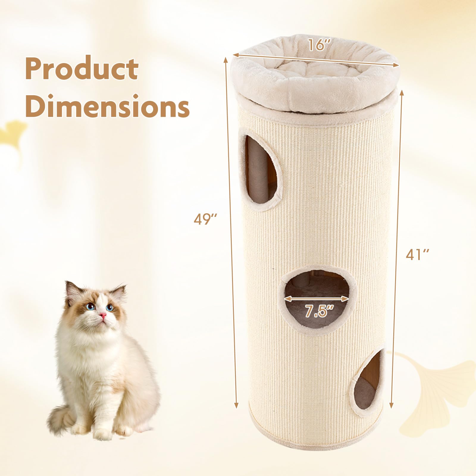 Tangkula 4-Story Cat Tree Condo, 49” Beige Cat House with Sisal Scratching Board, 3 Hideaways & Removable Plush Bed, Model 10299-PV