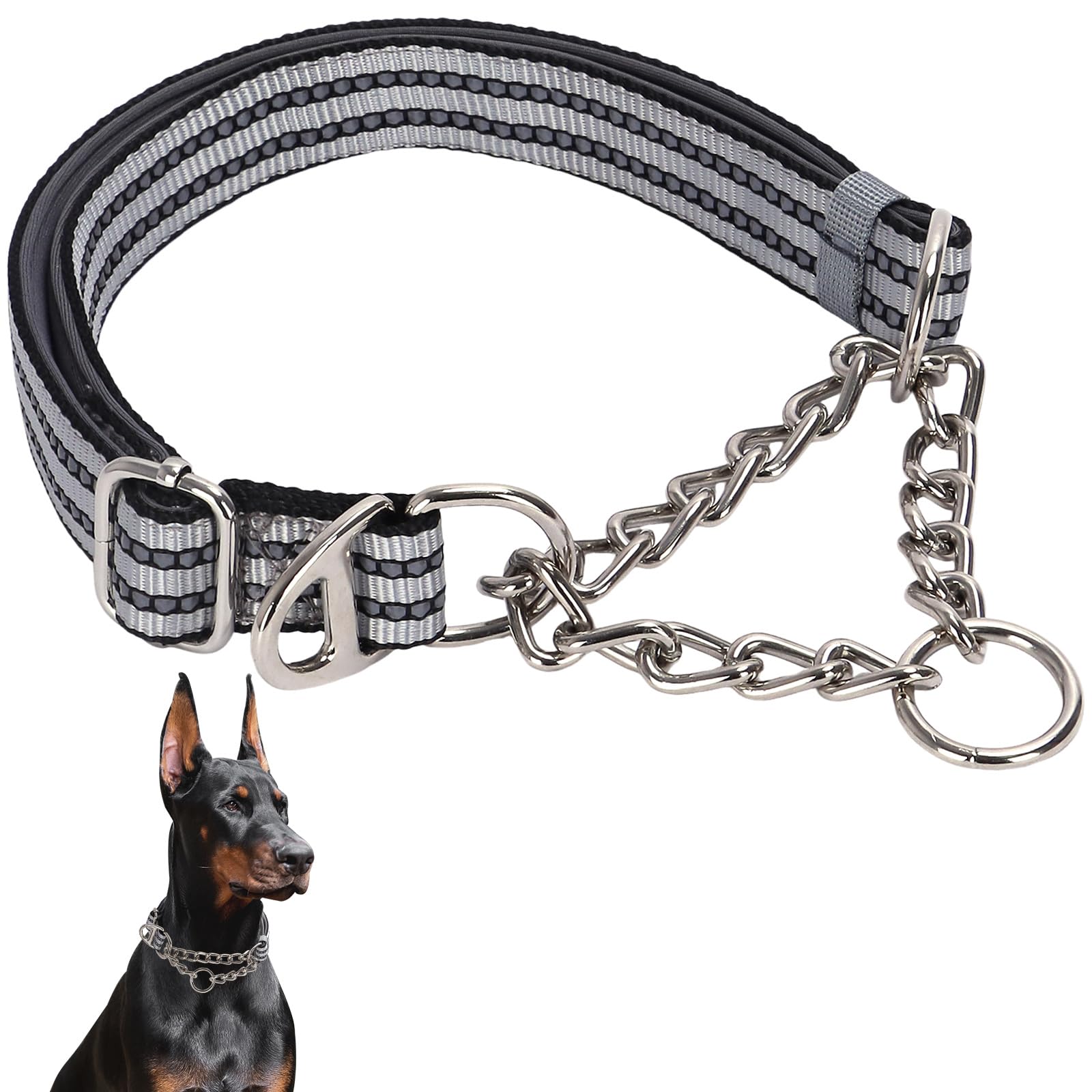 Martingale Collar With Steel Chain,Reflective Nylon Dog Collar With Soft Padded Adjustable Training No Slip Dog Collars (Xxl Sil