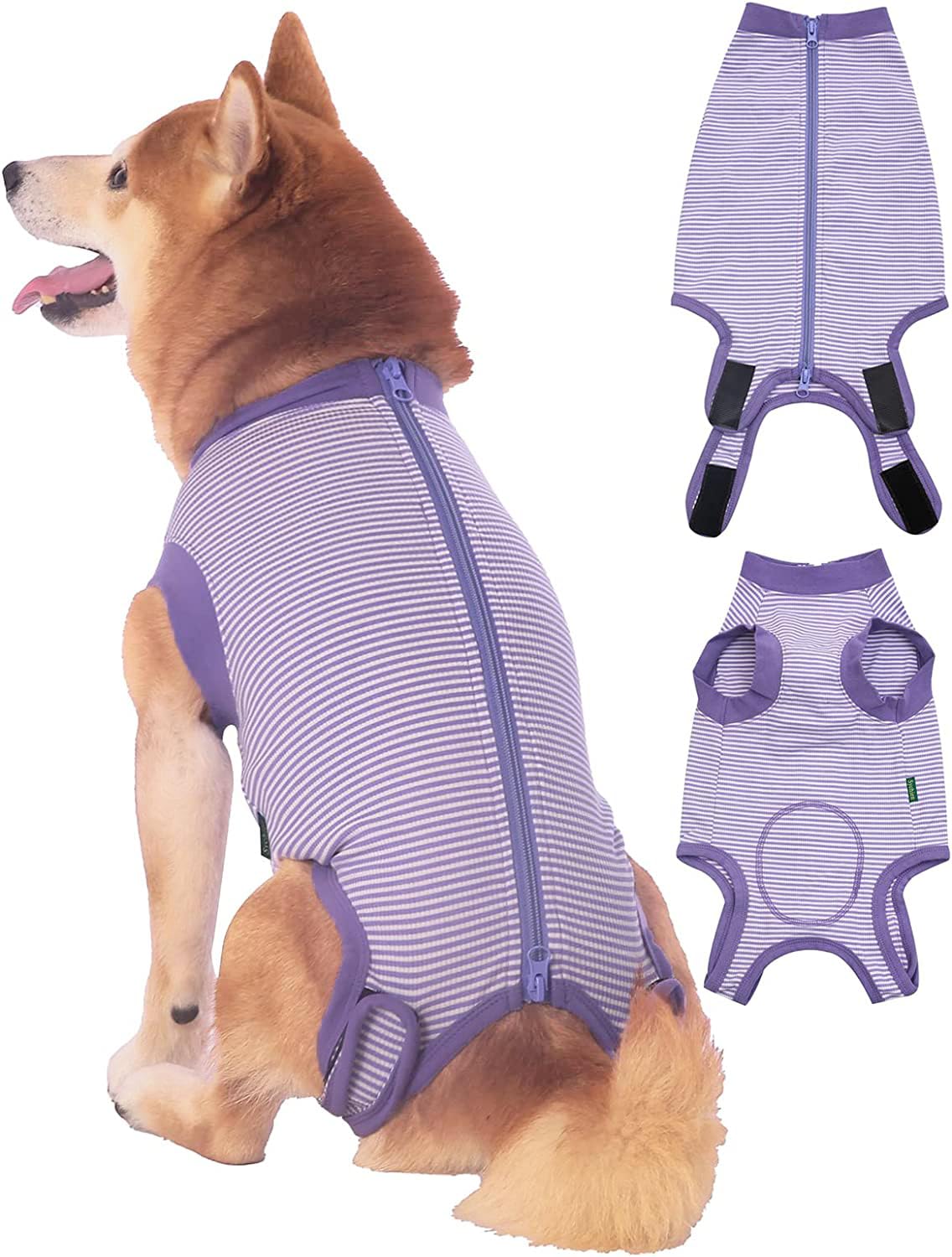 Sychien Dog Recovery Suit Purple Female Spay Surgical Small Shirt, Male Surgery Recovery Suit,Purple-White Striped Xs