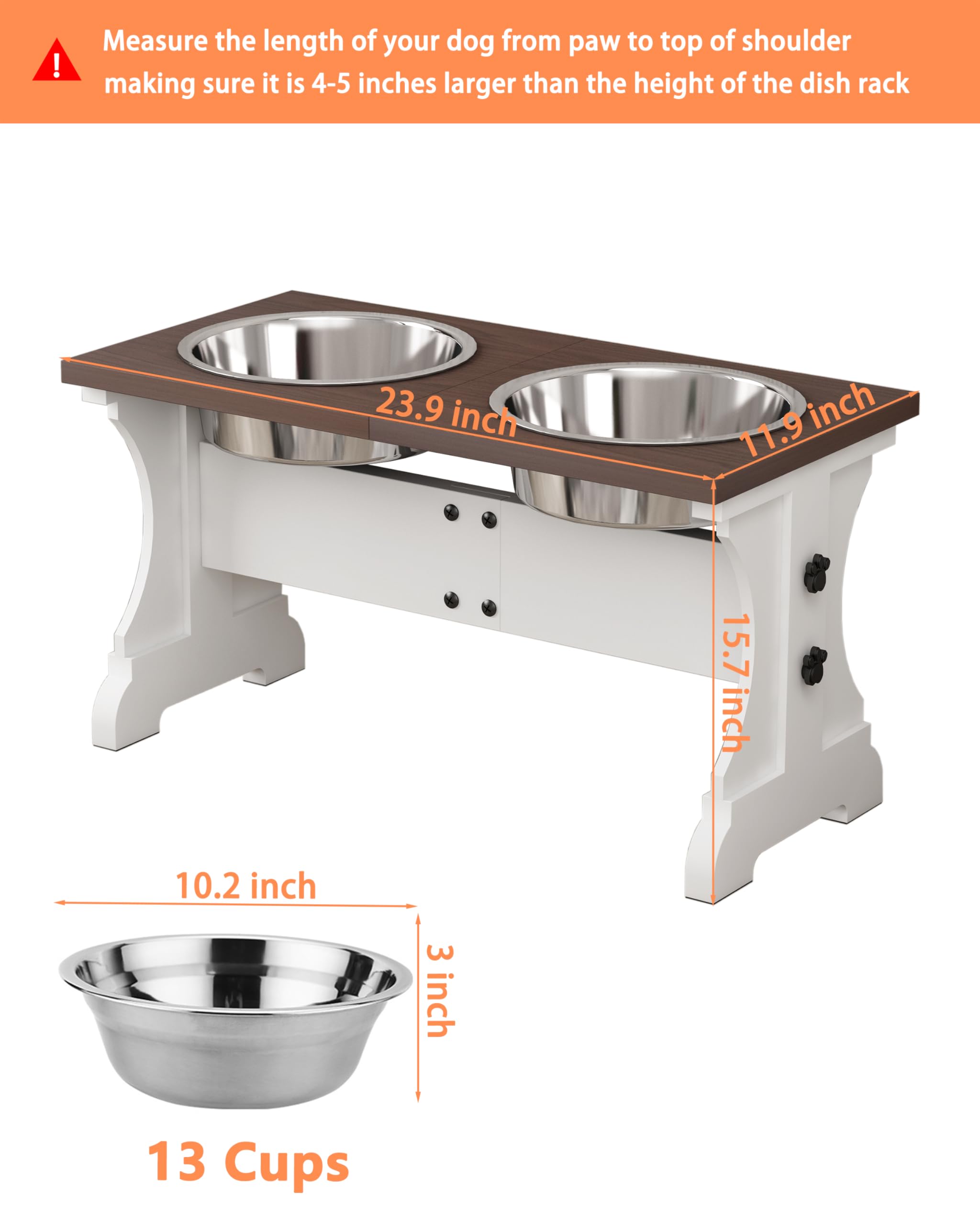 Piskyet Elevated Dog Bowls,Farmhouse Dog Bowls Stand, Raised Dog Bowl With 2 Stainless Steel Wooden Dog Bowls 12 Cups 15.7'H 90