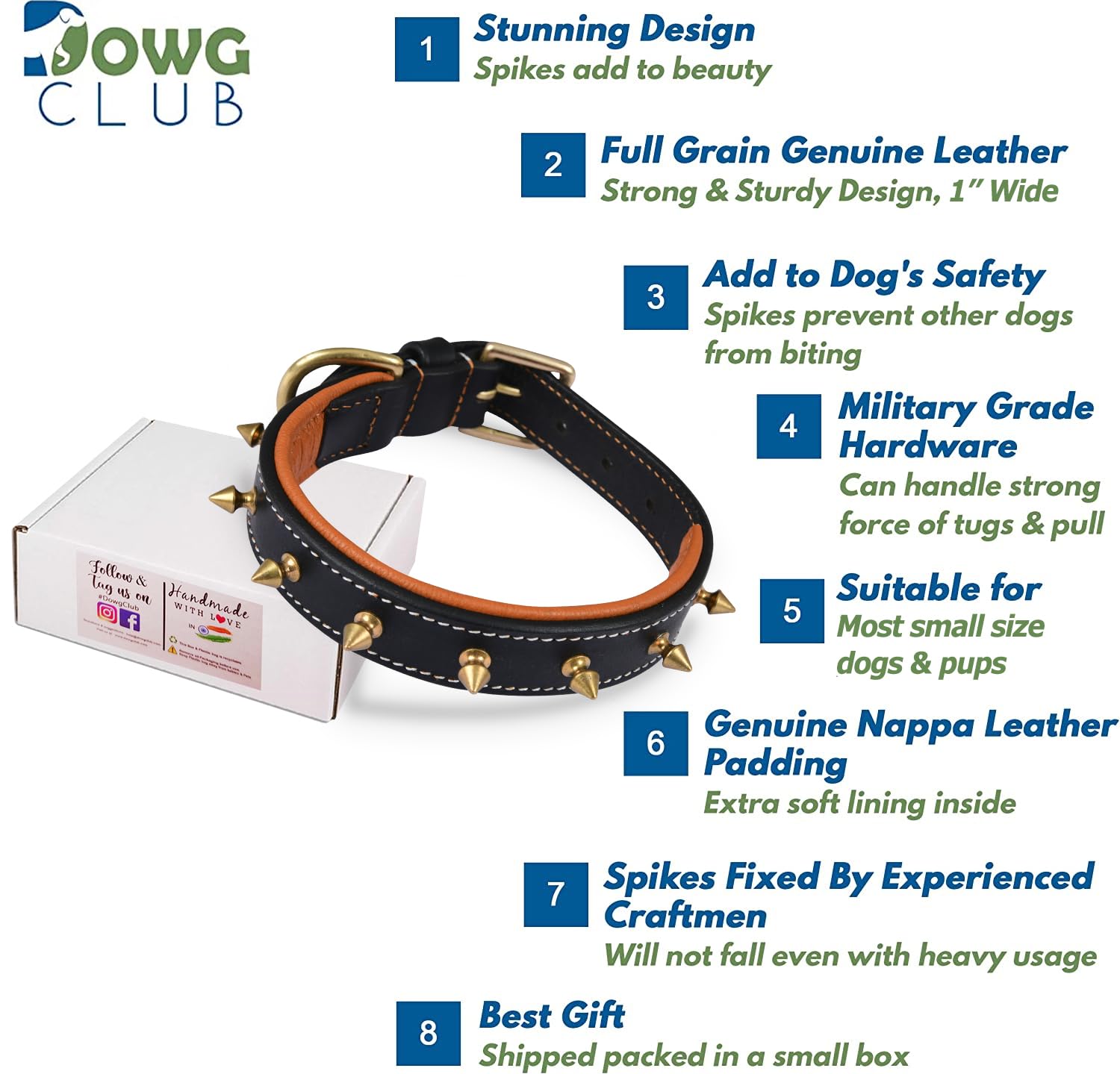 Dowgclub | Genuine Leather Spike Dog Collar | 1'' Wide | Full Grain, Heavy Duty | Comfortable, Strong, Inner Padded | Best For S