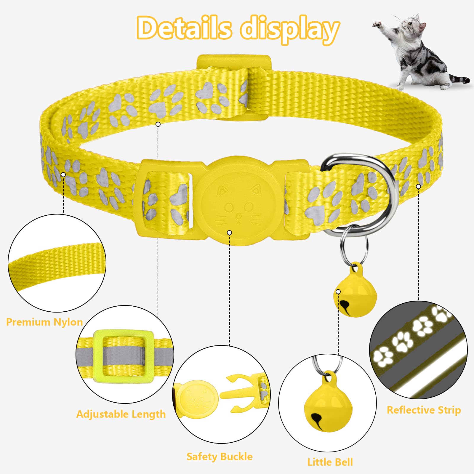 Taglory Reflective Cat Collar Breakaway With Bells, 2 Pack Girl Boy Pet Cat Collar Adjustable 7.5-12.5 Inch, Yellow