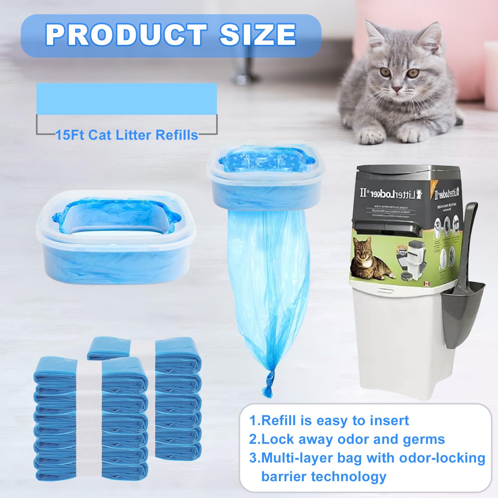 12 Pack Cat Litter Refills, Compatible With Genie Bag Refills, Scented, Blue