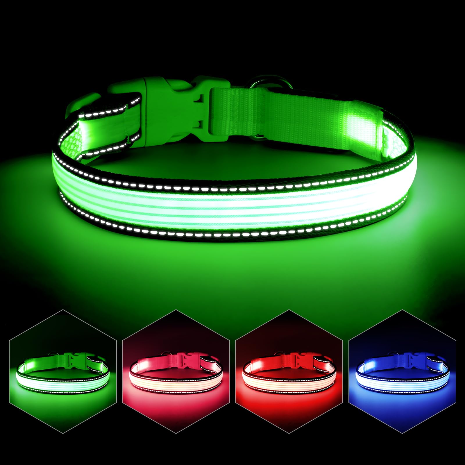 Yfbrite Full Adjustbale Led Dog Collar, Full Illuminated Light Up Dog Collars, Reflective Dog Collar Light Glowing In The Dark For All Dogs Safety (Large, Green-2)