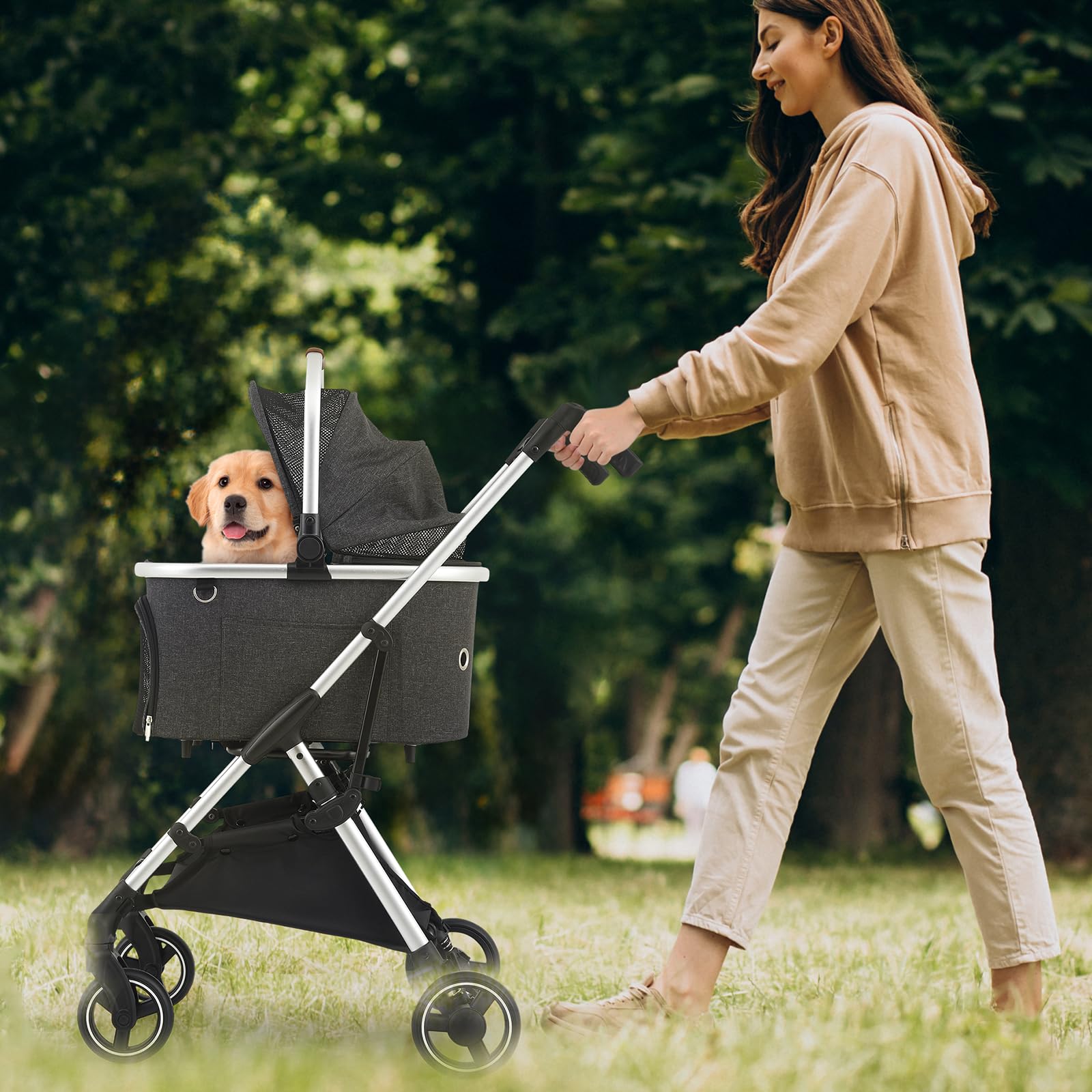 Monibloom Pet Stroller For Small/Medium Dogs W/Detachable Carrier & Lightweight Aluminum Frame, Folding Jogging Travel Stroller,