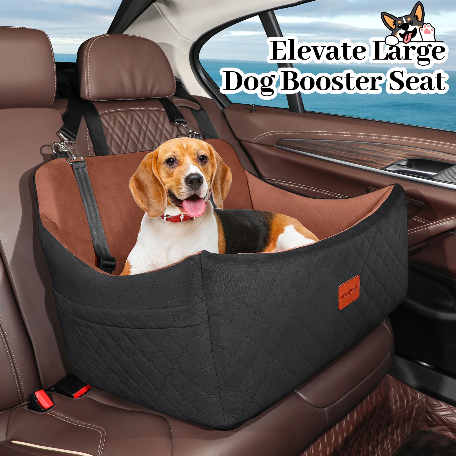 Wooaidagg Dog Car Seat for Medium & Large Dogs Up to 55lbs, Memory Foam Cushion, Washable Cover, Safety Straps & Non-Slip Bottom