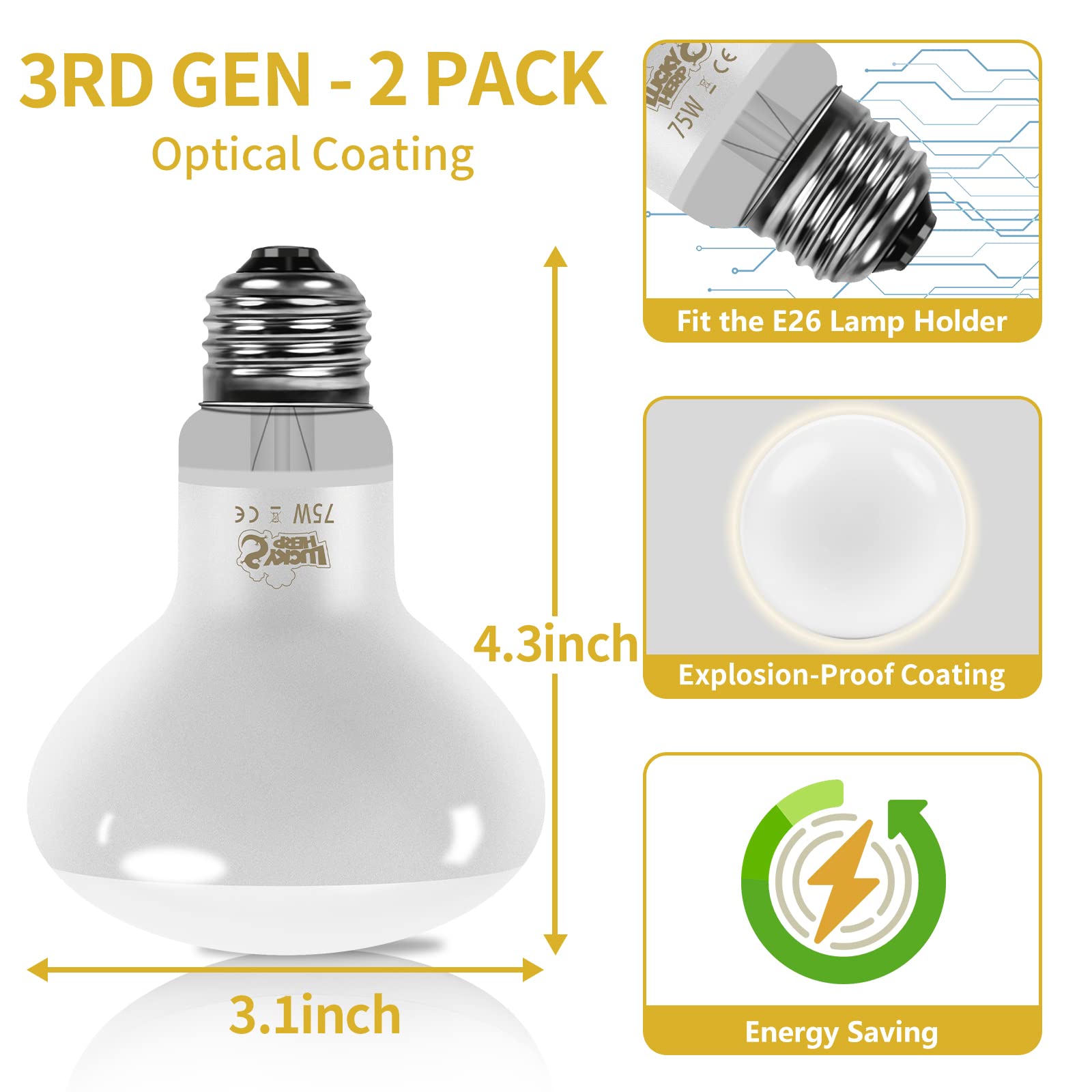 LUCKY HERP New Upgrade 75W Reptile Heat Lamp Bulb (3rd Gen, Safer), Amphibian Basking Spot Light Bulb, UVA Reptile Daylight Bulb