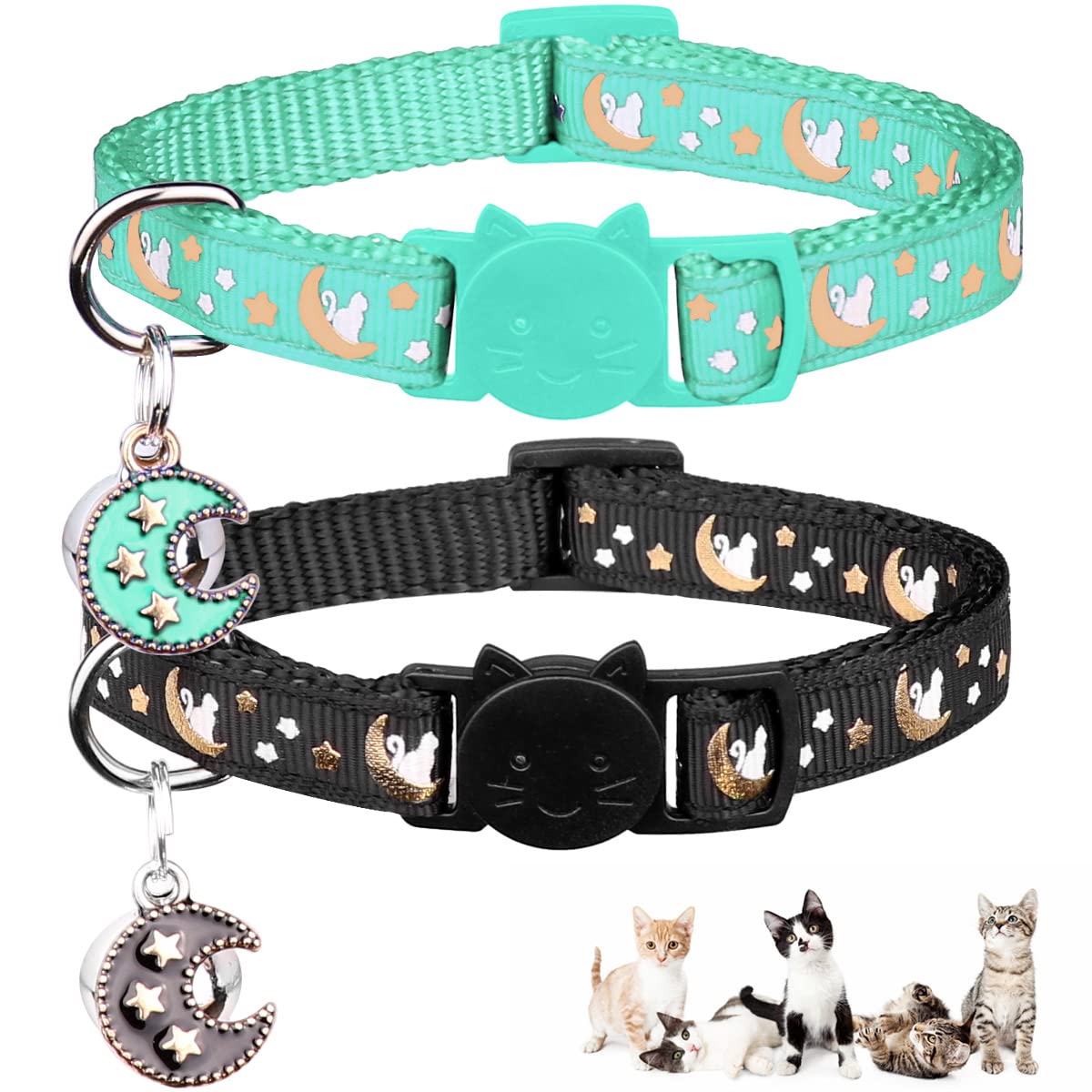 2Pcs Breakaway Cats Collars Cat Collars For Boy & Girl Cats Adjustable Kitten Collars With Bell,Black+Teal