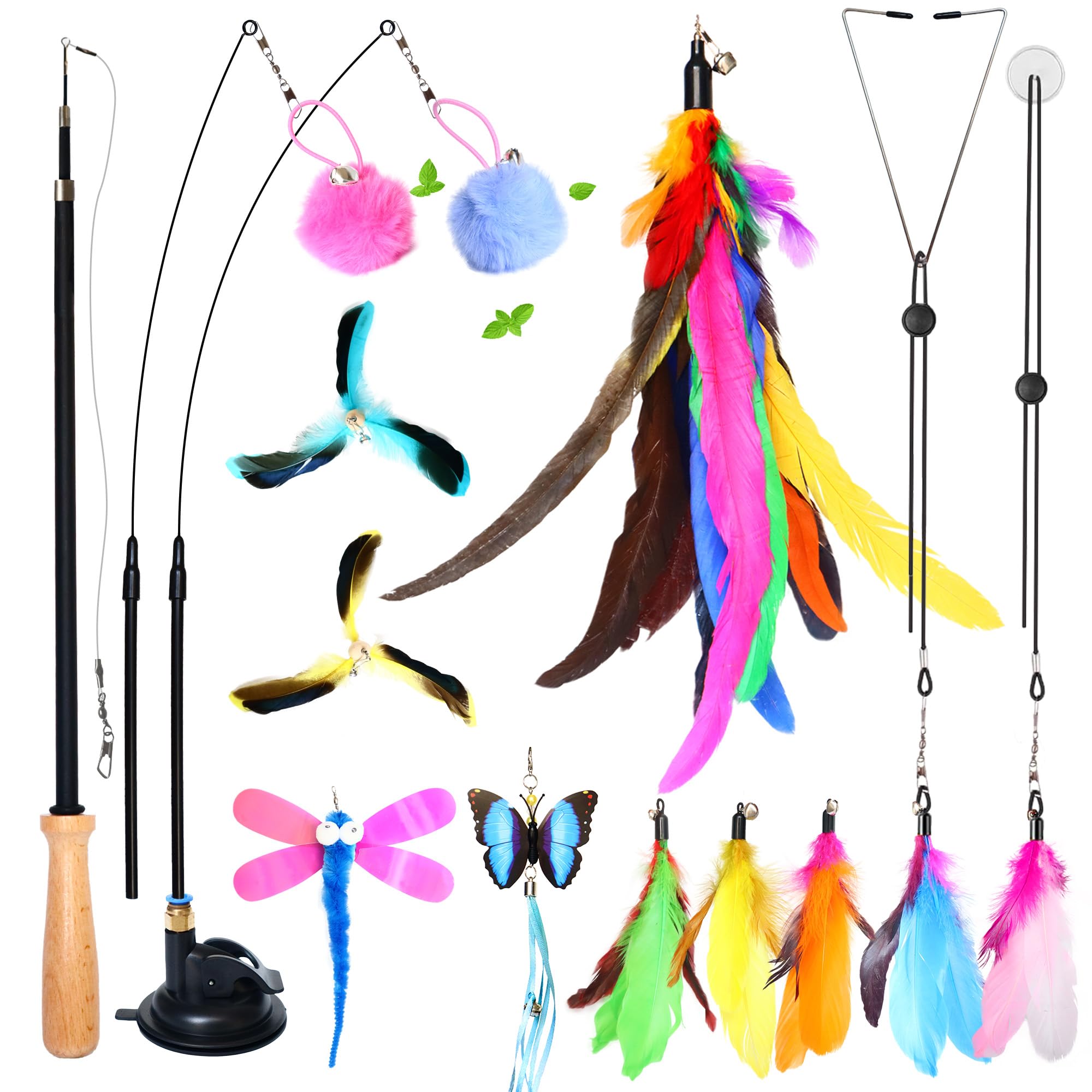 Fokauiwo 4-in-1 Interactive Cat Toys Set with 12 Pcs Replacements for Indoor Cats (Includes 1 Huge Feather)- Cat Fishing Pole To