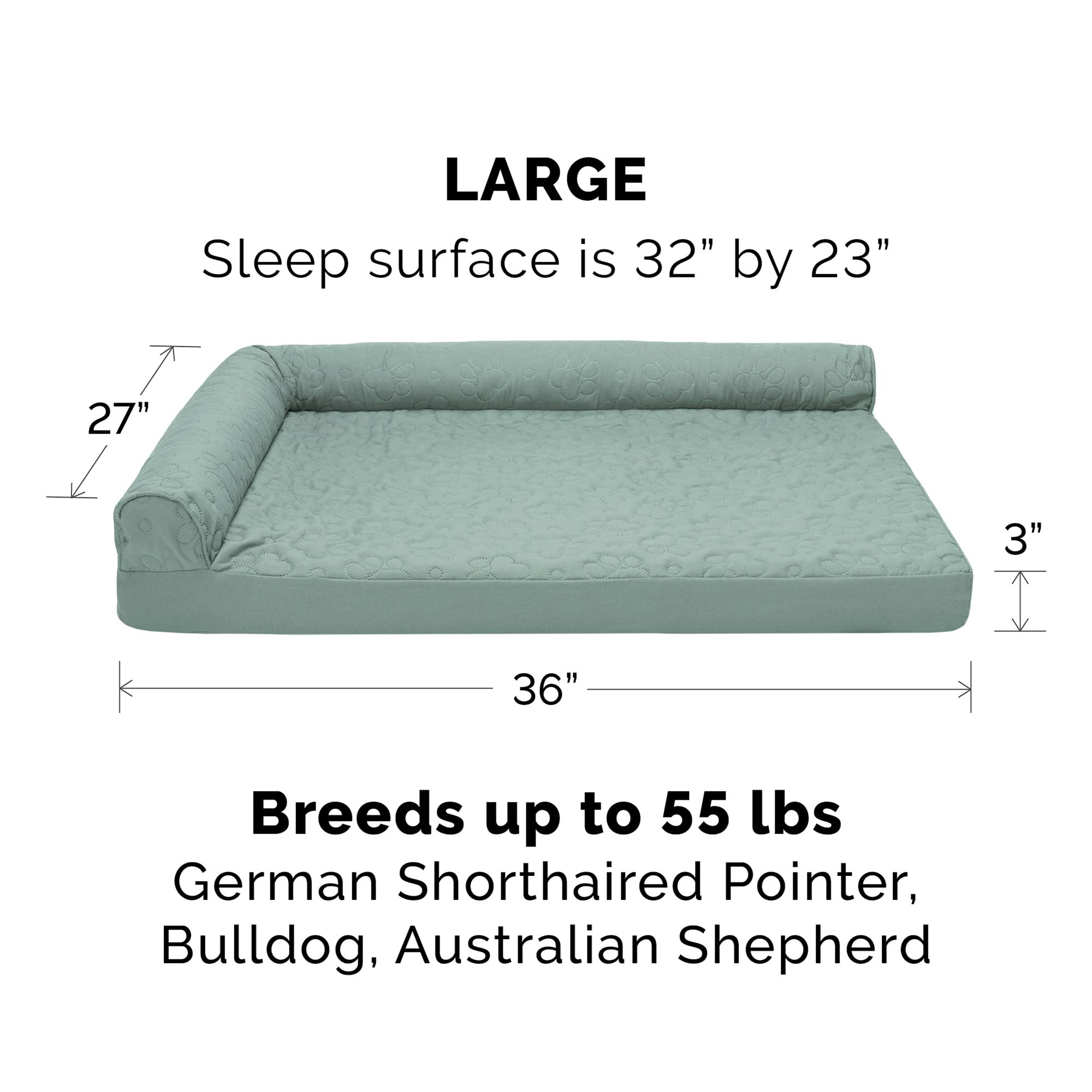 Furhaven Orthopedic Dog Bed For Large/Medium Dogs W/ Removable Bolsters & Washable Cover, For Dogs Up To 55 Lbs - Pinsonic Quilted Paw L Shaped Chaise - Iceberg Green, Large