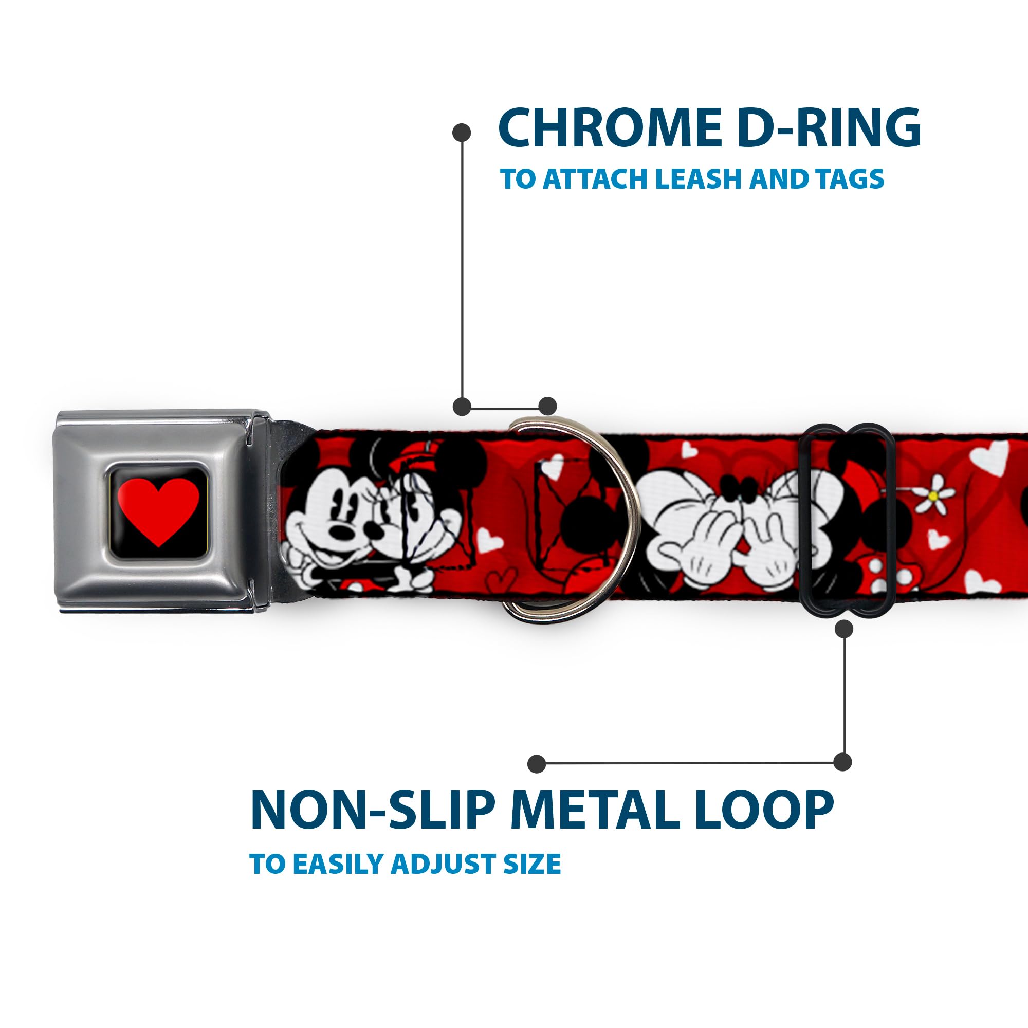 Dog Collar Seatbelt Buckle Mickey Minnie Hugs Kisses Poses Reds White 11 To 17 Inches 1.0 Inch Wide