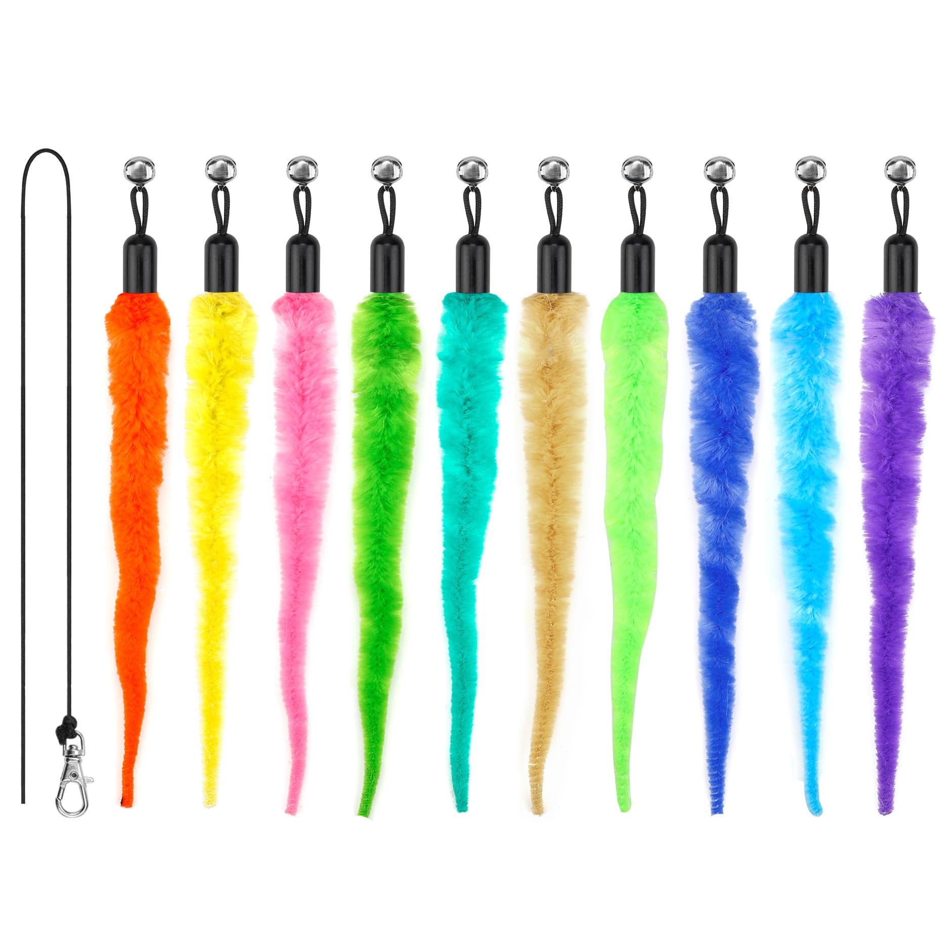 Meohui Cat Wand Toys Refills, Cat Feather Toys Accessories, 10Pcs Squiggly Worms Replacements And 1Pc Replacement String For Cat Fishing Pole, Assorted Teaser Refills With Bell For Indoor Cats Kitten