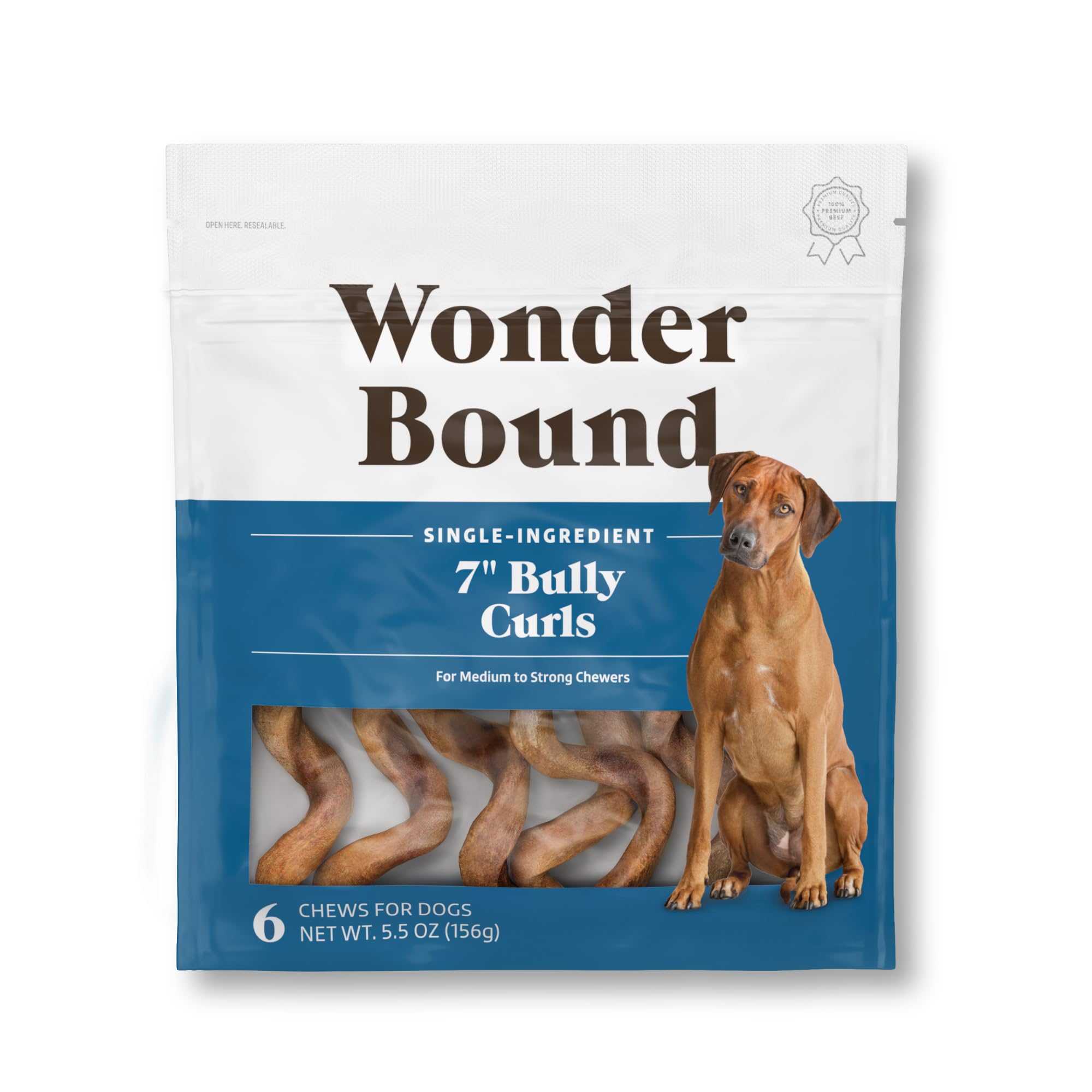 Amazon Brand - Wonder Bound Bully Curls, All-Natural, Highly Digestible, Long Lasting Dog Beef Treats, 7 inch, 6 Count