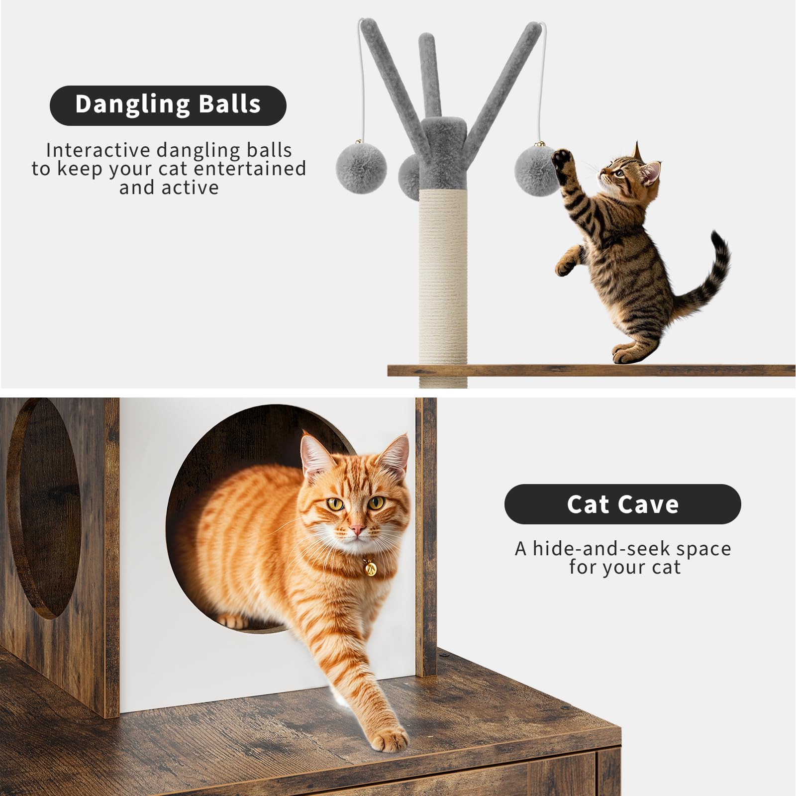 57.5-Inch Cat Tree with Litter Box Enclosure 2-in-1 Modern Cat Tower with Cat Condo/Hammock/Scratching Post/Plush Perch/Removabl