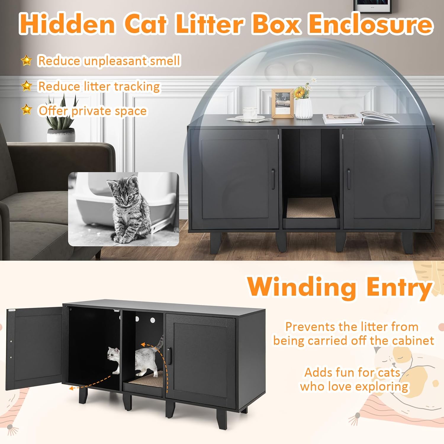 Giantex Cat Litter Box Enclosure - Cat Washroom Hidden Furniture with 2 Storage Cabinets, Removable Cat Scratcher, Air Vents, De