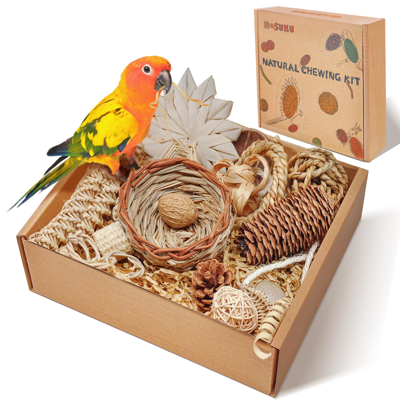 HOSUKU Natural Bird Foraging & Shredding Toys Box - Handmade Rattan Chewing Toys for Parakeets, Cockatiels, Conures, Lovebirds &