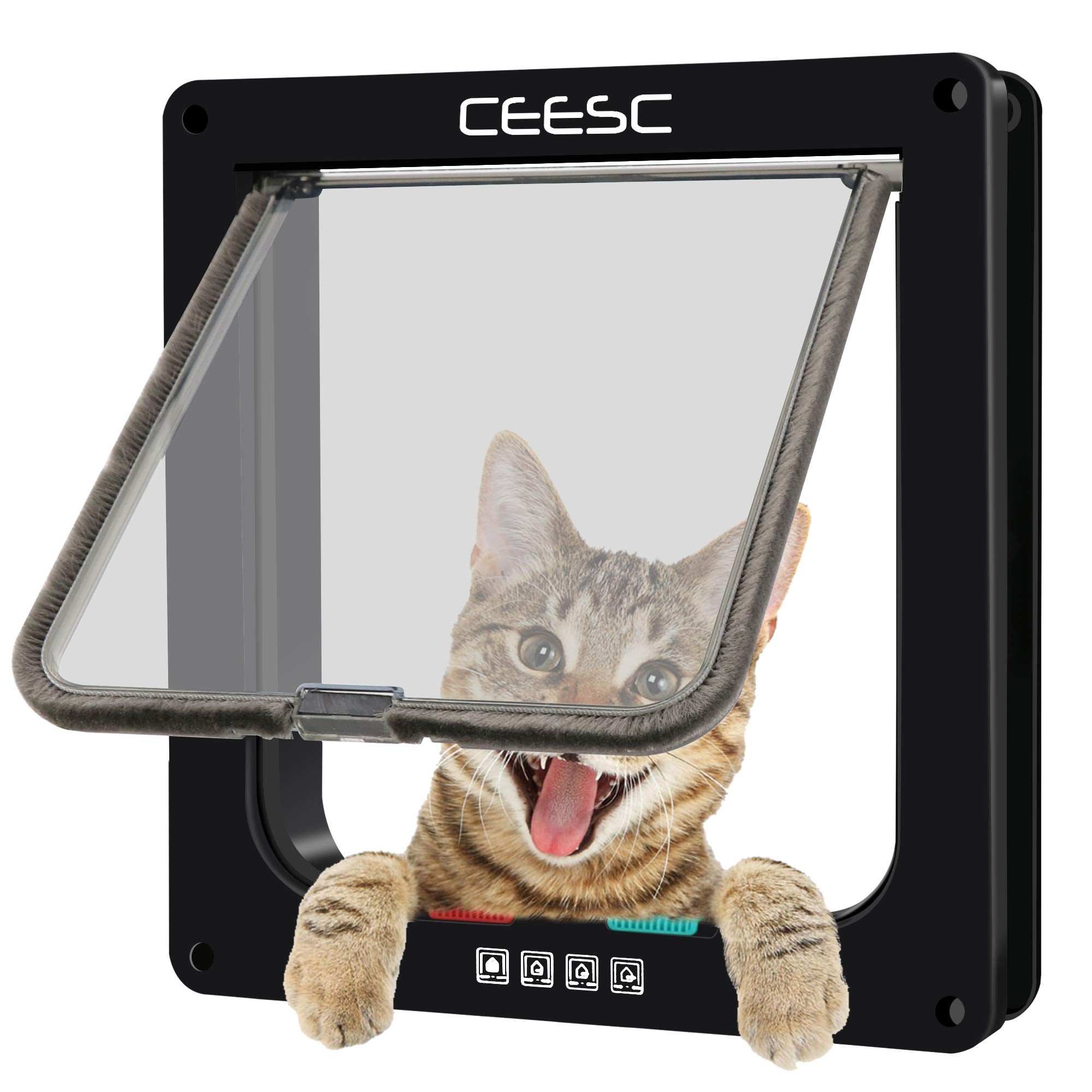 Ceesc Cat Flap Door Magnetic Pet Door With 4 Way Lock For Cats, Kitties And Kittens, 2 Sizes And 2 Colors Options (M- Inner Size: 6.18'(W) X 6.30'(H), Black)