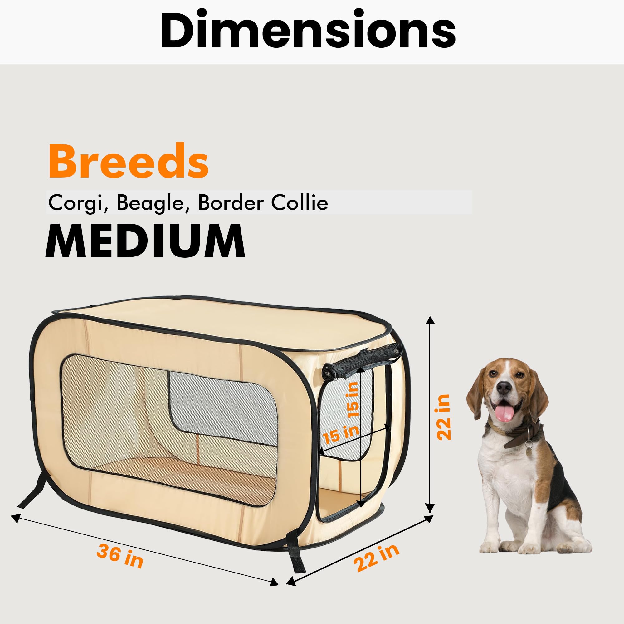 Beatrice Home Fashions Portable, Collapsible, Pop Up Kennel Travel Cat And Dog Crate, 36'' L X 22'' W X 22'' H, Beige