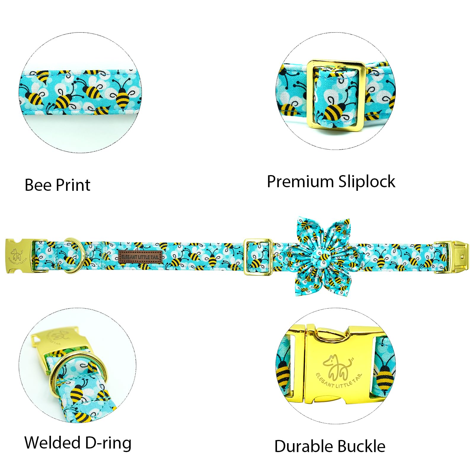 Elegant little tail Dog Collar with Flower, Flower Girl Dog Collar for Female Dogs Blue Bee Pet Collar Gift Adjustable Dog Colla