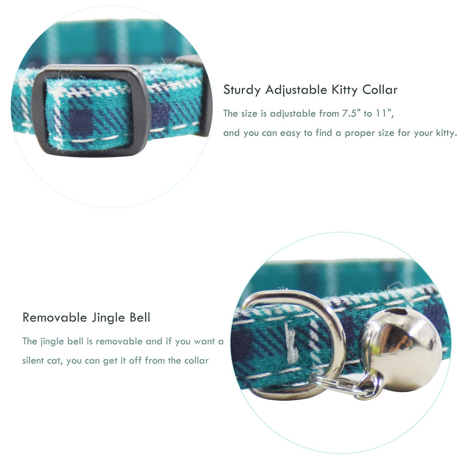 Breakaway Cat Collars With Bell, Set Of 3, Durable & Safe Cute Kitten Collars Safety Adjustable Kitty Collar For Cat Puppy 7.5-11In (Green,Cyan,Black)