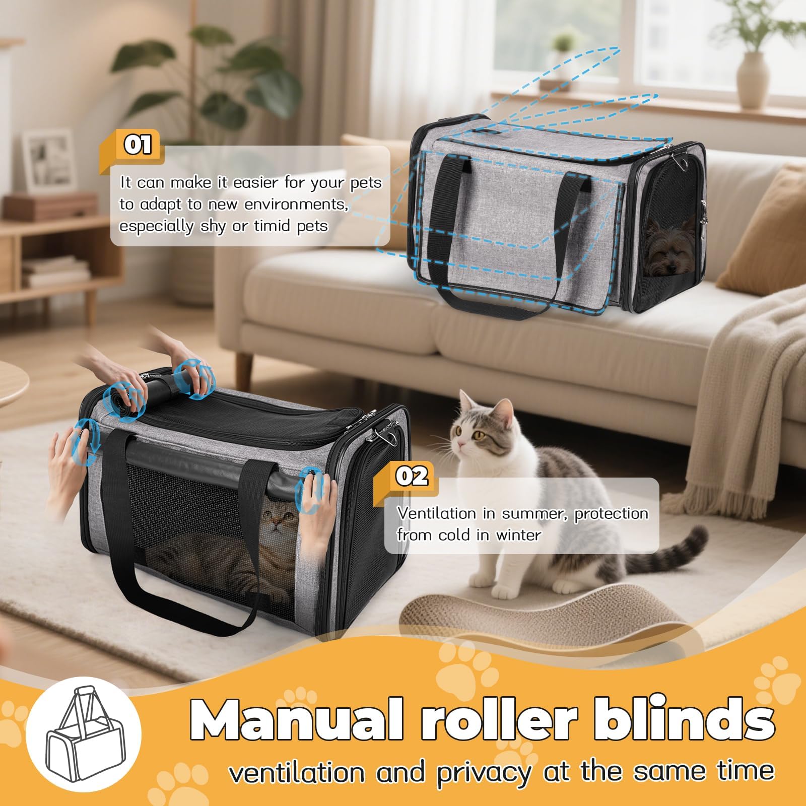 Yudodo 25 Lbs Lightproof Pet Carriers Airline Approved Dog Cat Travel Soft Sided Carrier Reflective Mesh Safe Pet Cat Carrier Foldable Portable Small Animal Rabbit Puppy Cat Carrier Grey