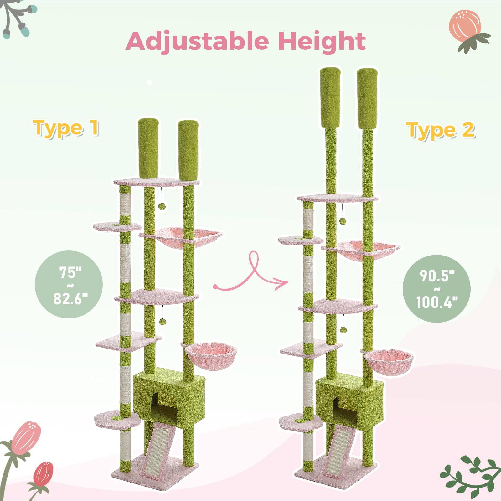 Pequlti Tall Cat Tree Floor To Ceiling Cat Tower Adjustable Height (90.5''-100.4'' = 230Cm-252Cm) With Cat Condo, Cozy Hammock A
