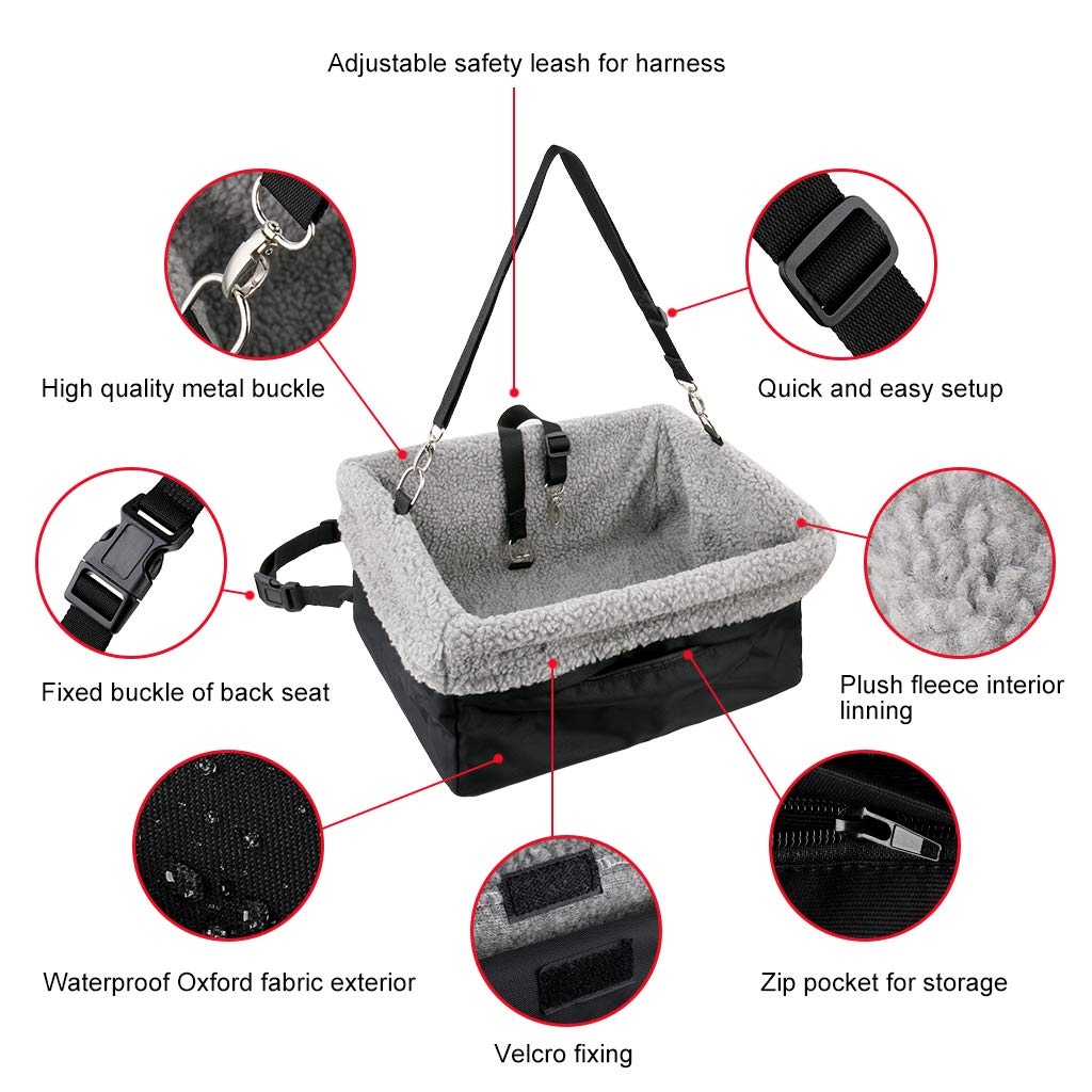 Devoted Doggy Deluxe Dog Car Seat Fits Pets Up To 15Lbs, Dog Booster Seat, Padded Cushioning, Adjustable Straps, Metal Frame Enc