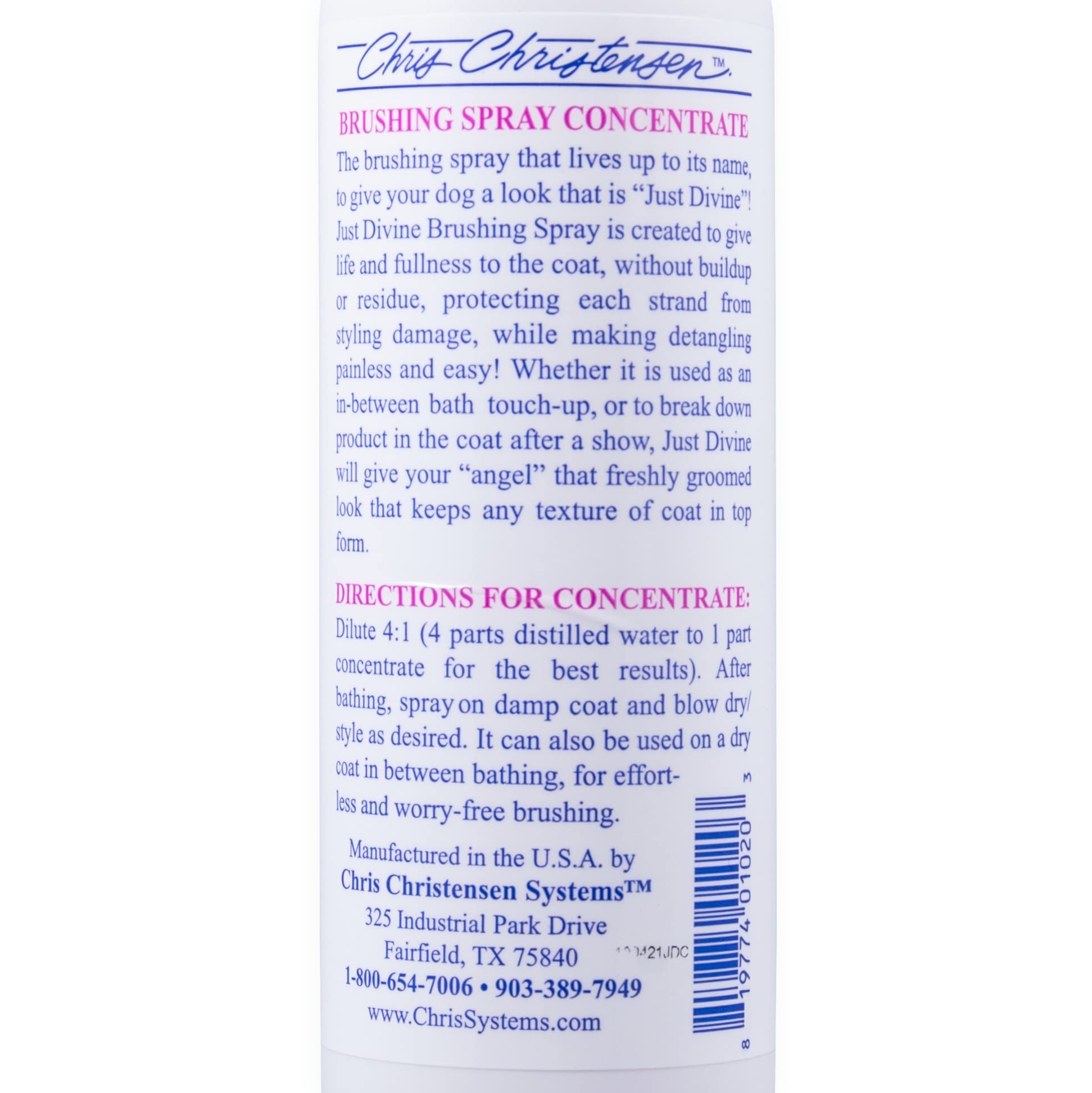 Chris Christensen Just Divine Dog Brushing Spray Concentrate, Groom Like a Professional, Prevents Brushing Damage, Light Detangl
