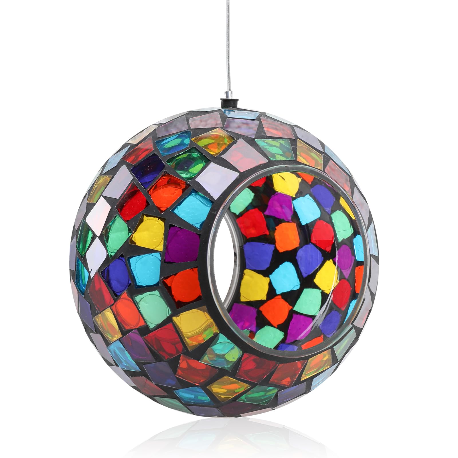 Yinns Bird Feeder - Hanging Mosaic Glass Bird Feeder, Fly Through Bird Feeder with Oval Stained Glass, Outdoor Garden Decor, 6.5