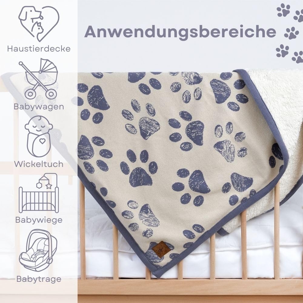 Little Dedi Small Pet Blanket - 100% Organic Cotton, Double Layer Plush Sherpa, Soft Plush, Blue Paw Jacquard Knit, 30''X38'', S