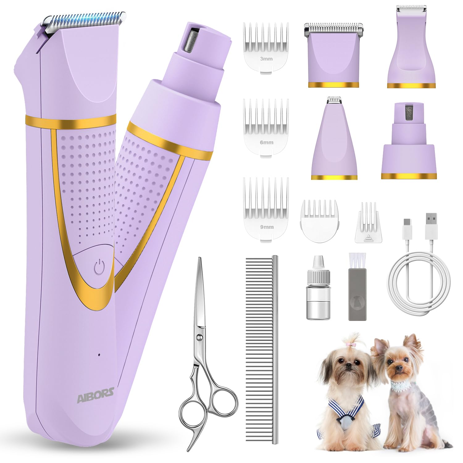 AIBORS Small Dog Grooming Kit, 4 in 1 Electric Dog Trimmer for Grooming, Low Noise Dogs Nail Trimmer, Cordless Pet Clippers for 