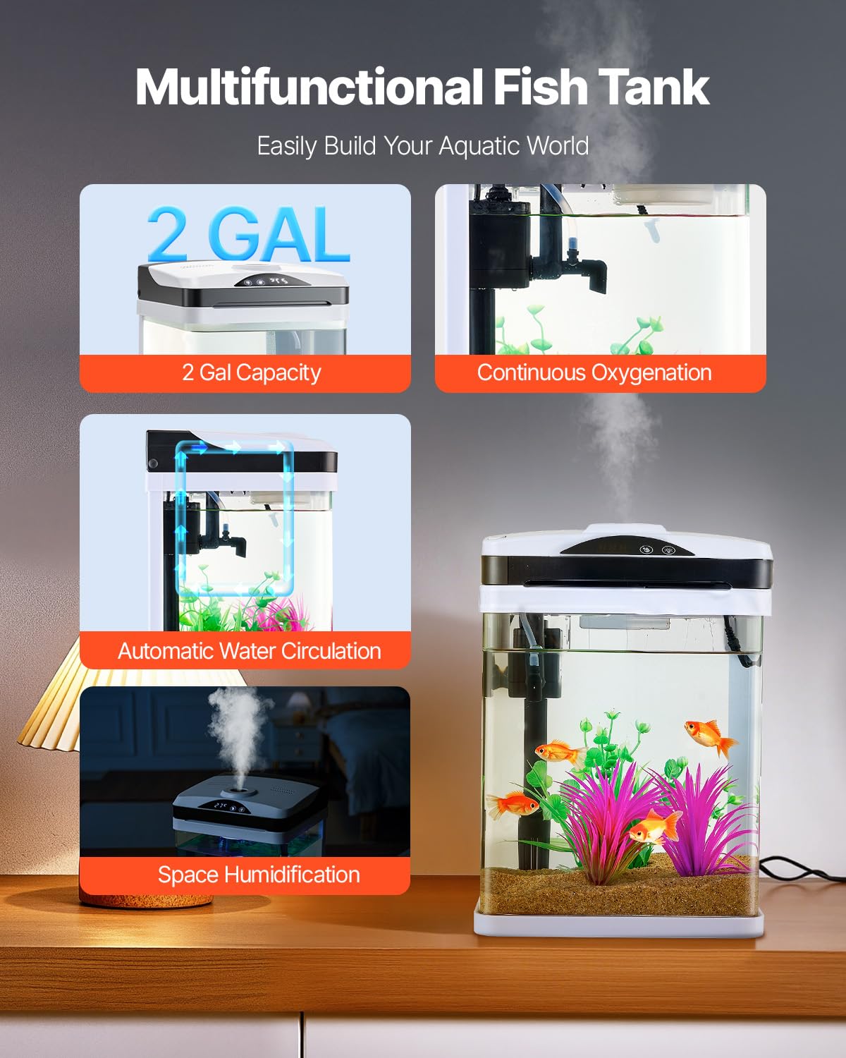 VEVOR Fish Tank Aquarium, 2 Gallon LED Square Ultra-Clear Glass Tank Temperature Monitoring Adjustable 7 Color Lighting, Self Cl