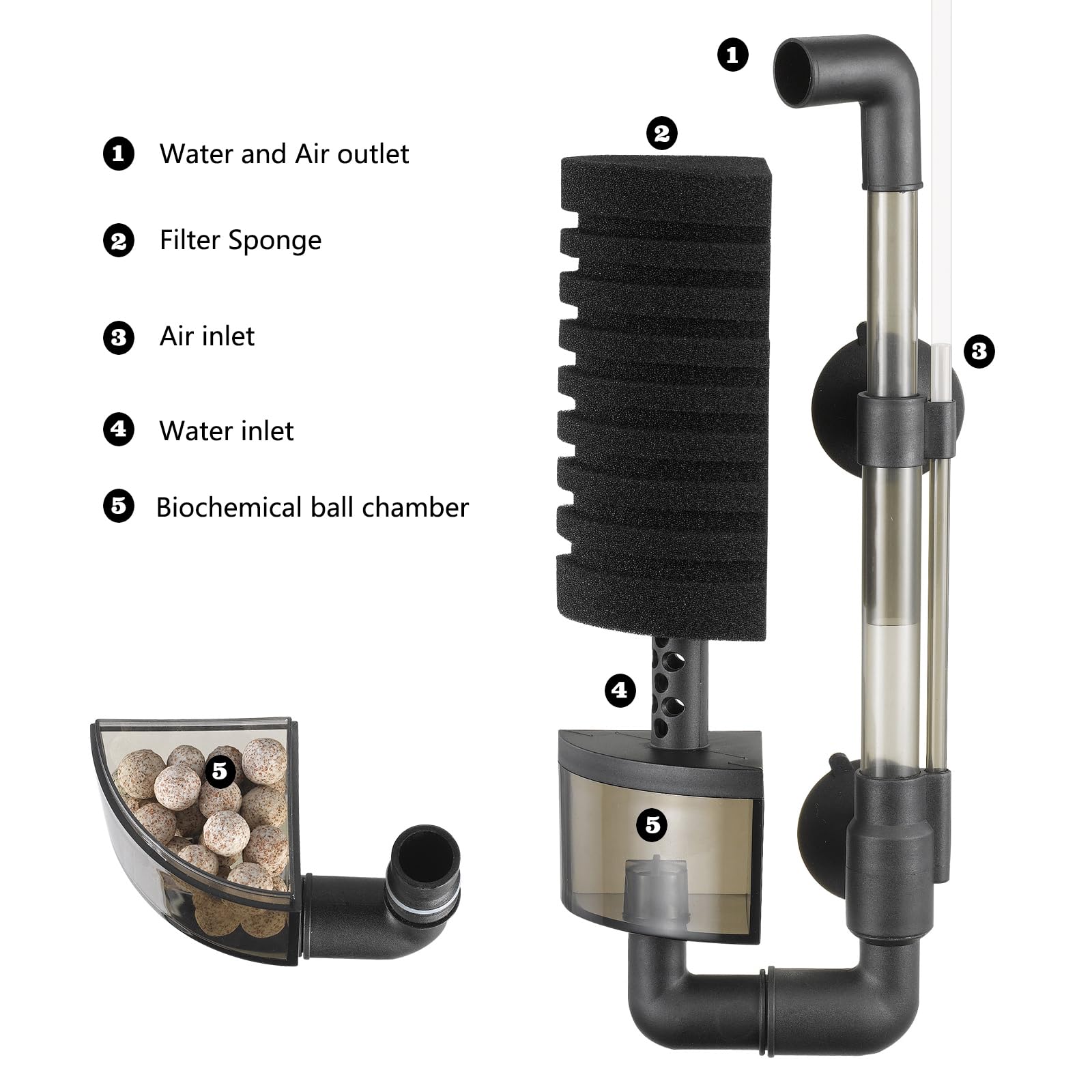 Carefree Fish Aquarium Filter Sponge Fish Tank Quiet Bubble Filter with 3 Sponges and 1 Bag of Filtered Ceramic Balls for Salt W