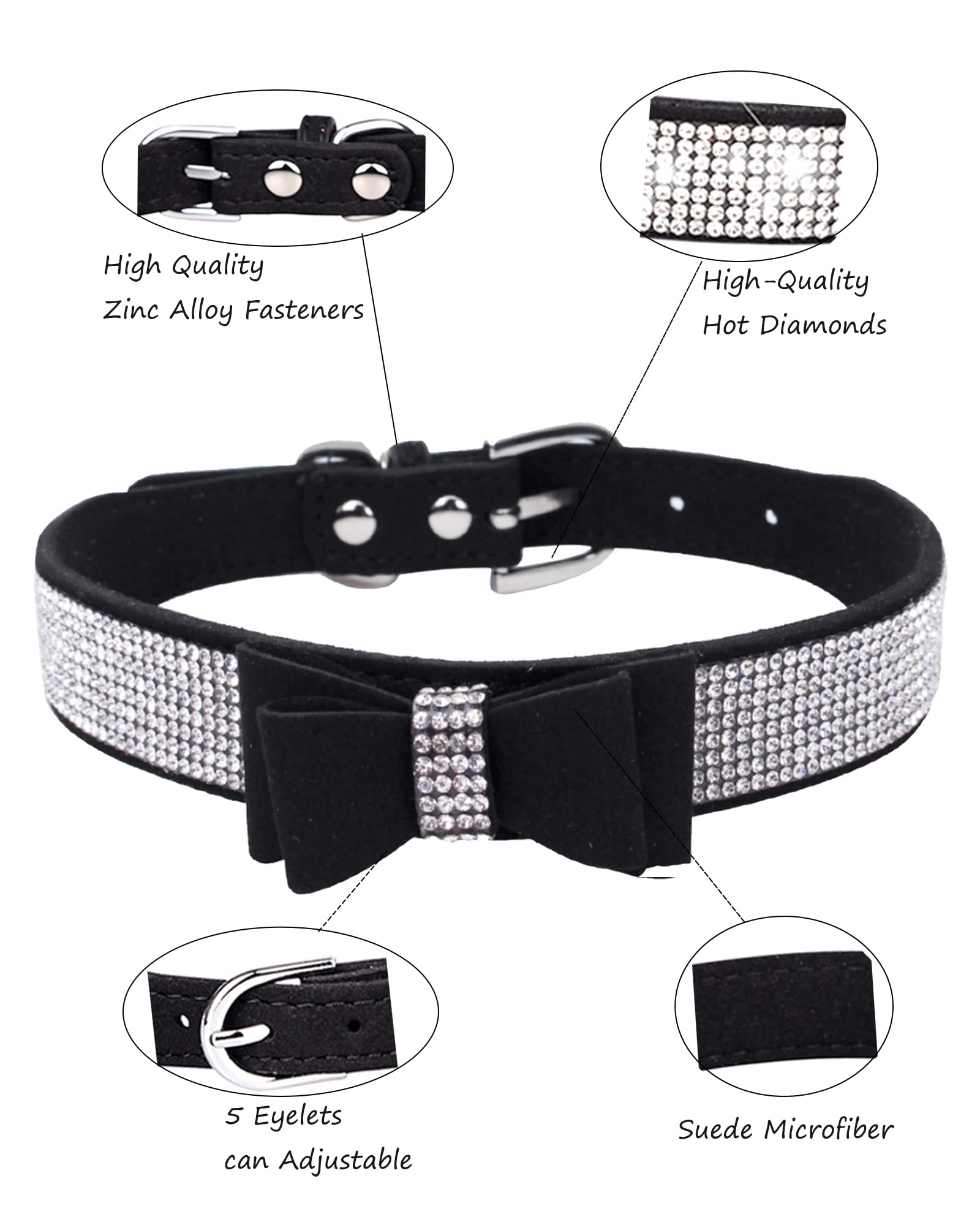 Rhinestone Dog Collar For Small Medium Large Dogs, Adjustable Leather Suede Bling Dog Collars,Diamond Bow Tie Puppy Collars For