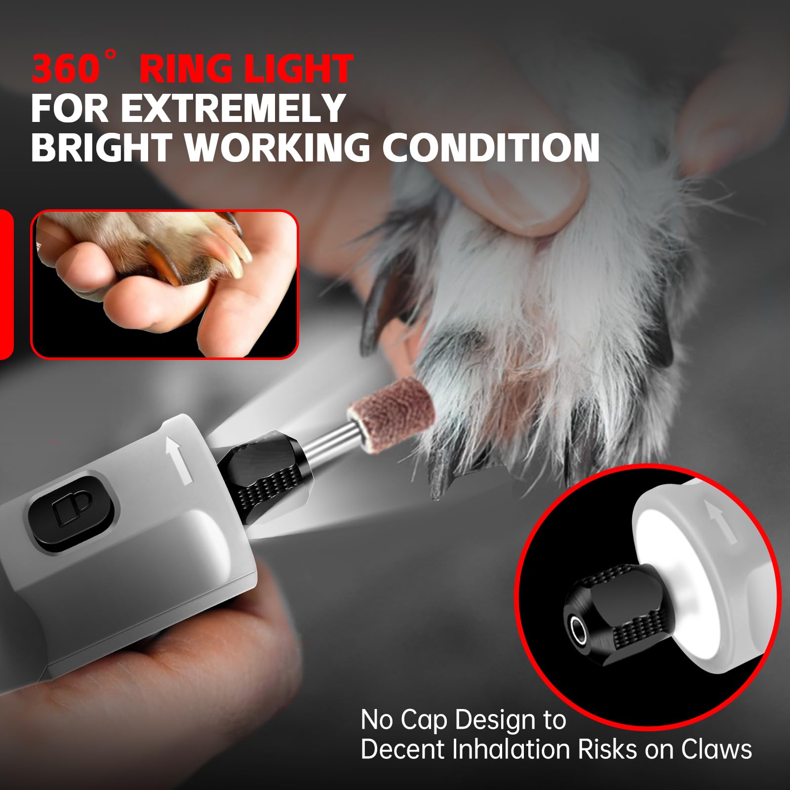 Dog Nail Grinder - Rechargeable Pet Nail Grinder, Electric Upgraded 5 Speed W Led Lights Cordless Dog Nail Trimmer Kit, 40 Acces