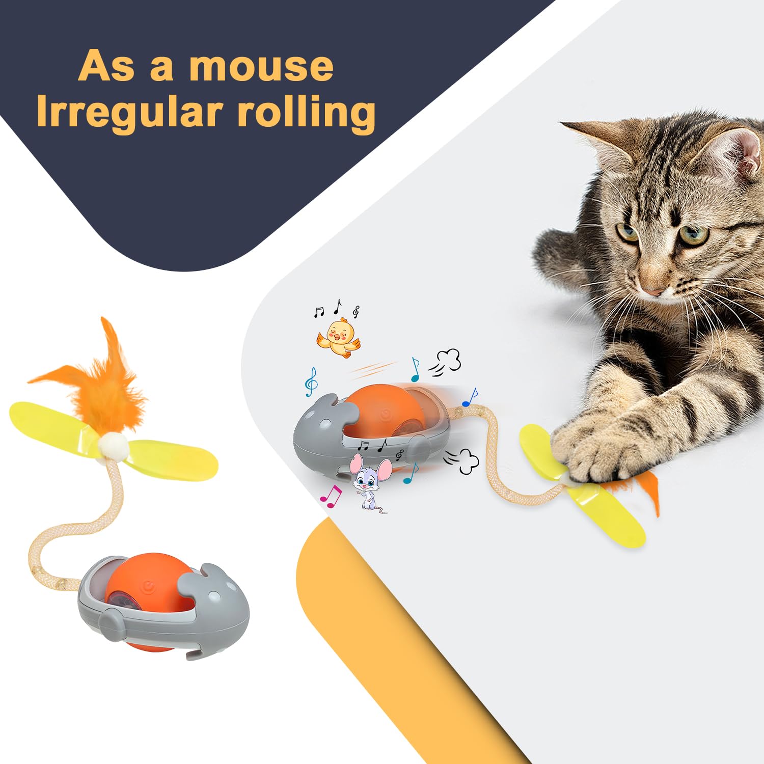 Tyasoleil Interactive Cats Toys Ball, Newly Imaginable Agile Mice Moving Ball, Mice&Bird Voice Attract, Elastic Mesh Tail, Autom