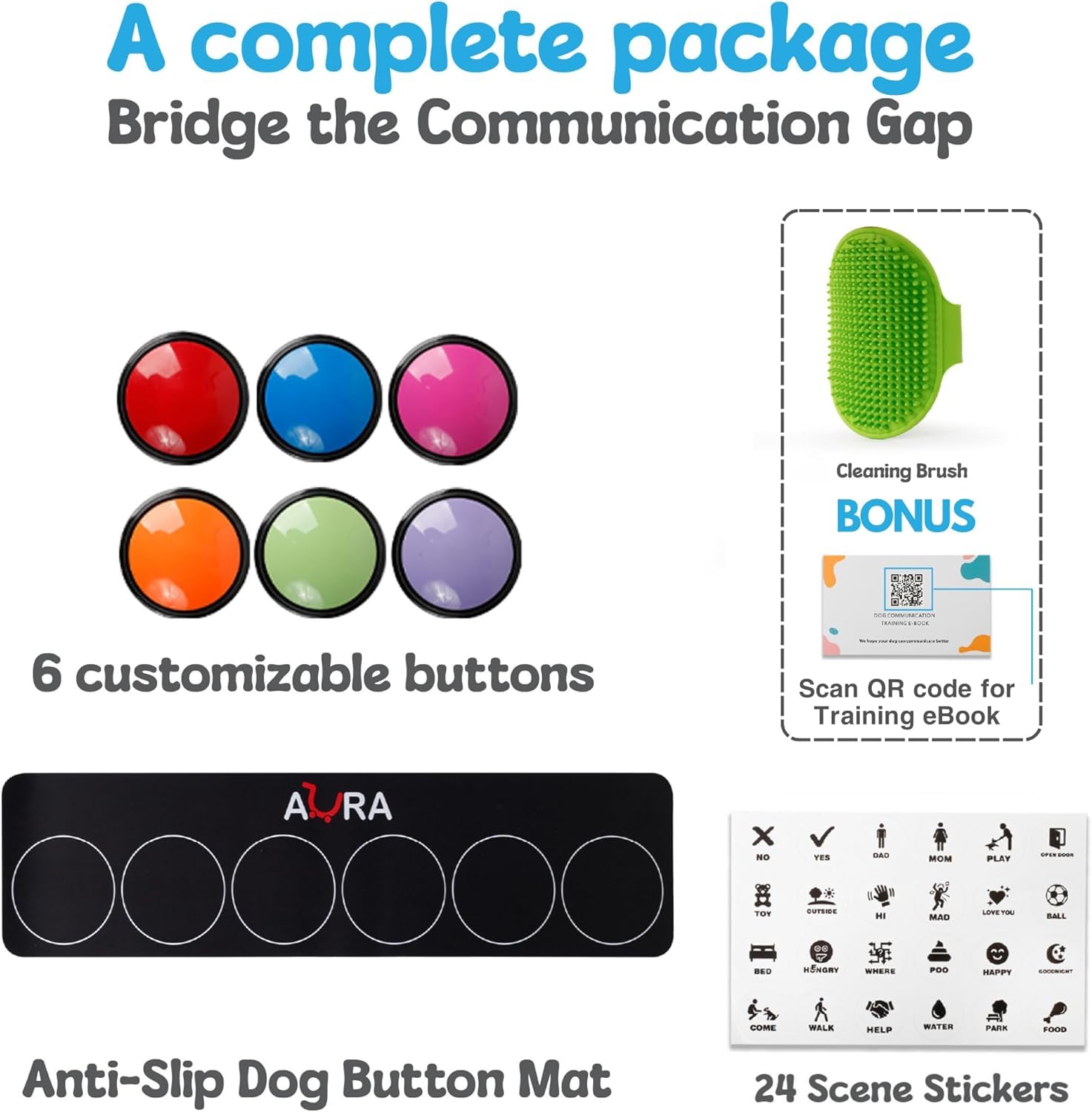 A-Ura Dog Buttons For Communication With Non-Slip Mat, Hd Sound 30S Recordable Dog Talking Button Set With Training Guide Ebook