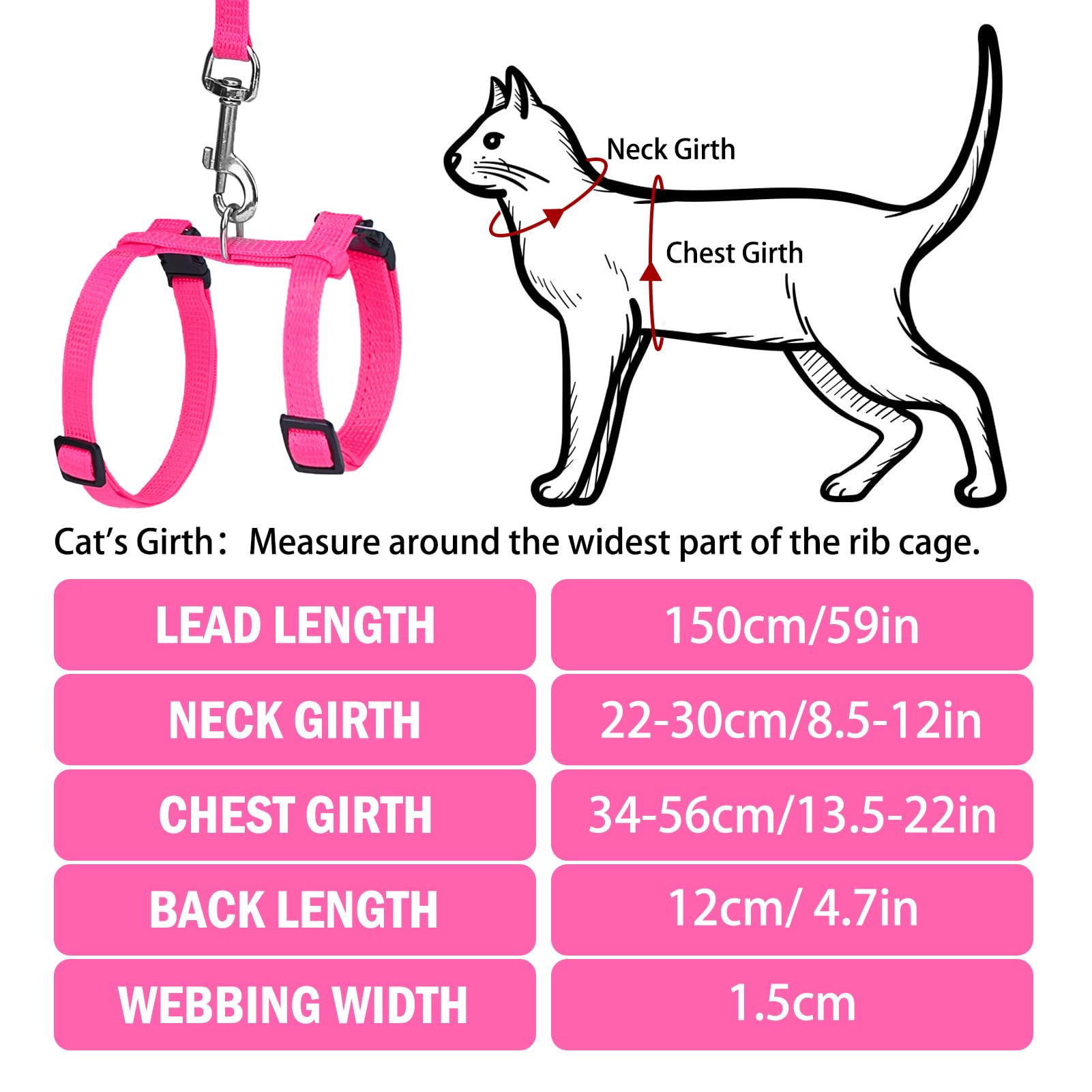 Pupteck Adjustable Cat Harness And Leash Set Escape Proof Kitten Strap Collar For Walking Travel, Hot Pink, M