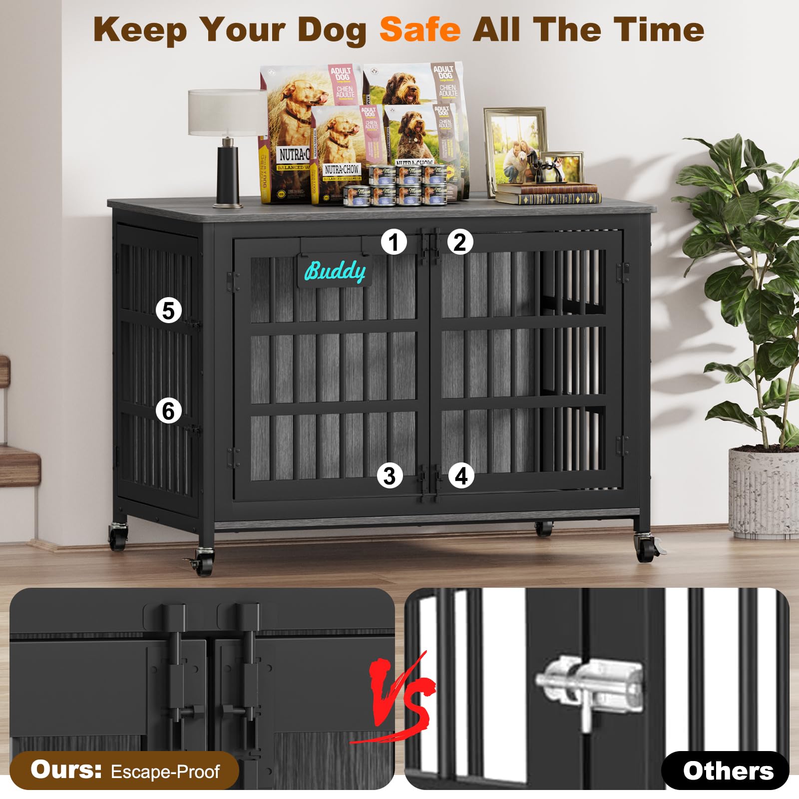 EasyCom 48/42/33 Dog Crate Furniture with Name Tag, Heavy Duty Dog Kennel Indoor for Large Dogs, Escape-Proof and Chew-Proof Dog