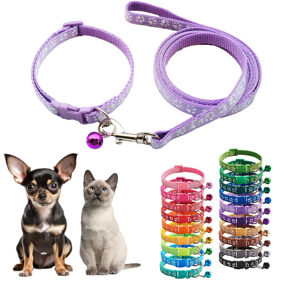 Small Cat Collar And Leash Set With Bell,Purple Nylon Paw Cat Collar Girl Female Cute Fancy Puppy Collar With Bells For Xxs Xs T