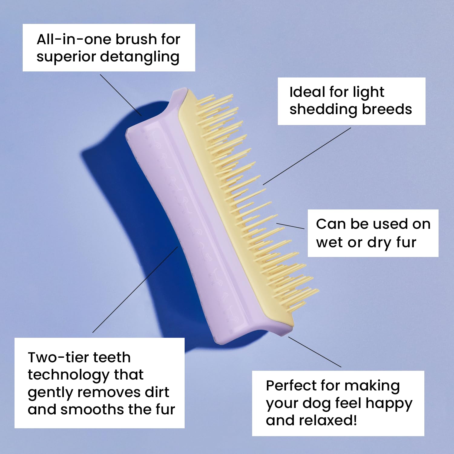 Pet Teezer By Tangle Teezer Detangling Dog Grooming Brush, Dry Brush & Dog Bath Brush For Wet Or Dry Fur & Light Shedding Breeds, Small, Lilac/Yellow