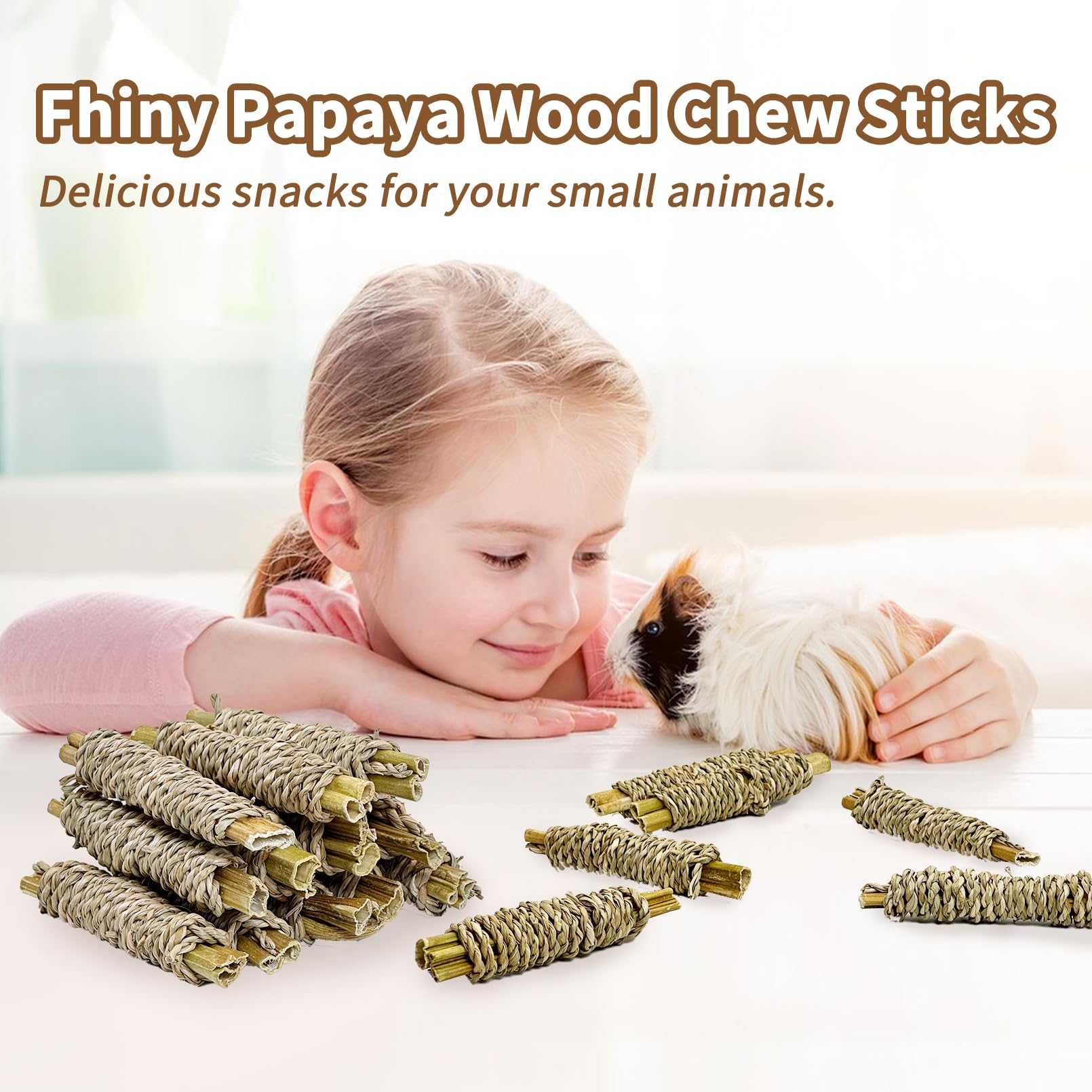 Fhiny 12 Pcs Rabbit Chew Sticks, Natural Papaya Wood Seagrass Guinea Pig Chew Toys For Teeth Small Animal Molar Sticks Snacks Fo