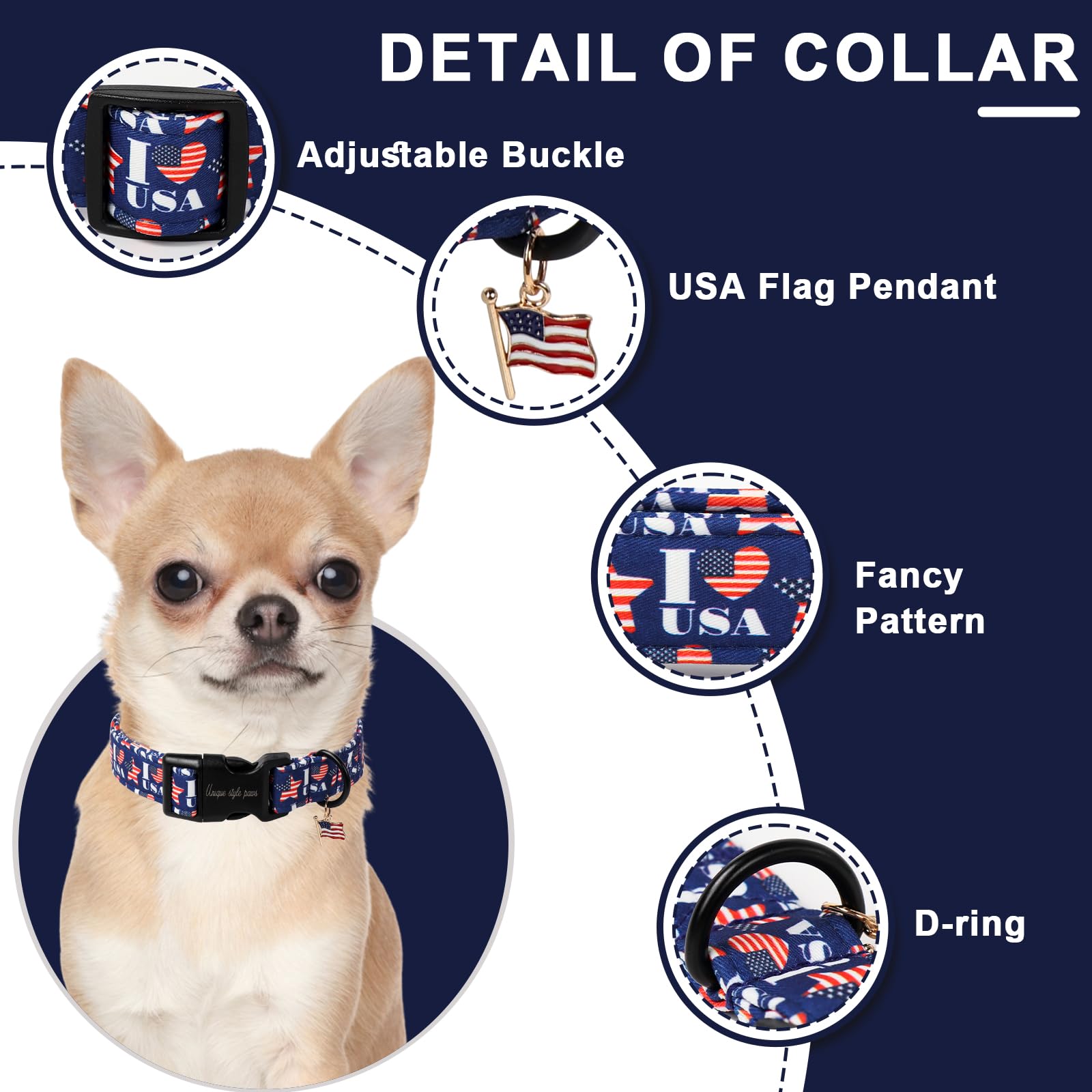 Unique Style Paws Patriotic Dog Collar,4Th Of July Dog Collar With American Flag Pattern,Independence Day Puppy Collar Adjustabl