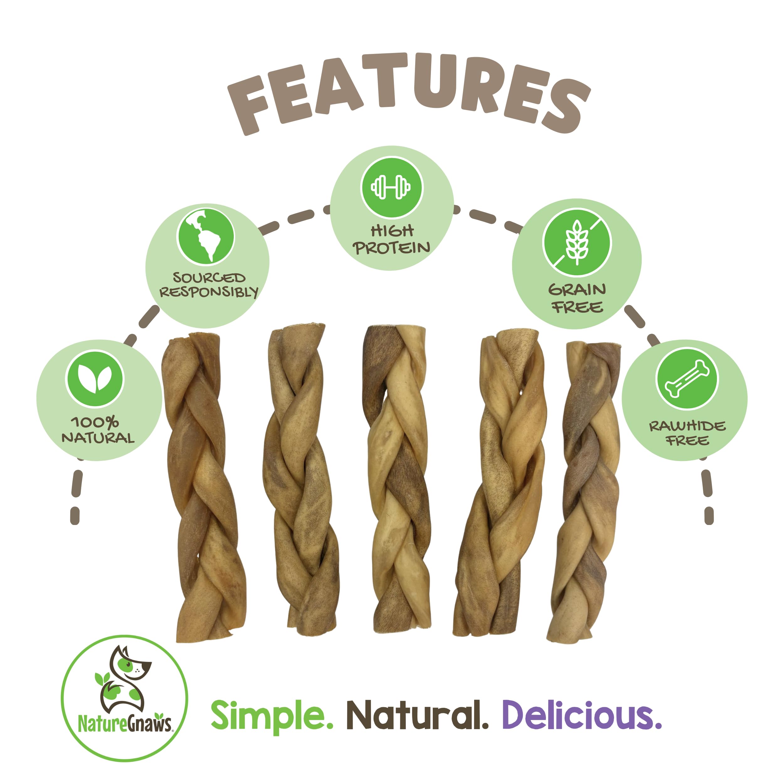 Nature Gnaws Braided Collagen Sticks for Dogs 6 (5 Count) - Long Lasting for Aggressive Chewers and Large Dogs - Natural Beef Hi