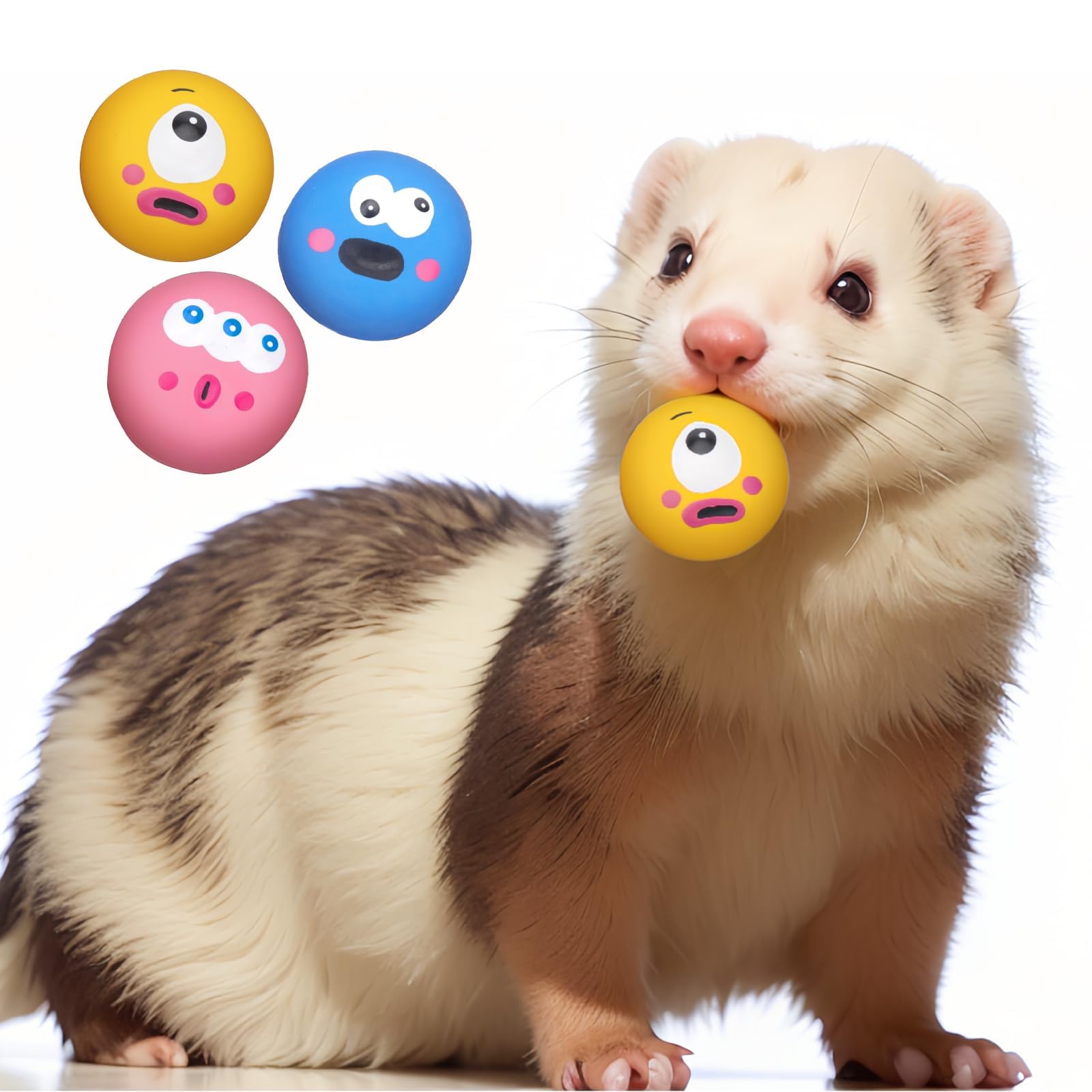 Besnew Natural Rubber Squeaker Toys For Ferret,High Elasticity Ferret Latex Squeaker Balls 3 Pack,Tough Teething Toys Big Eyes P